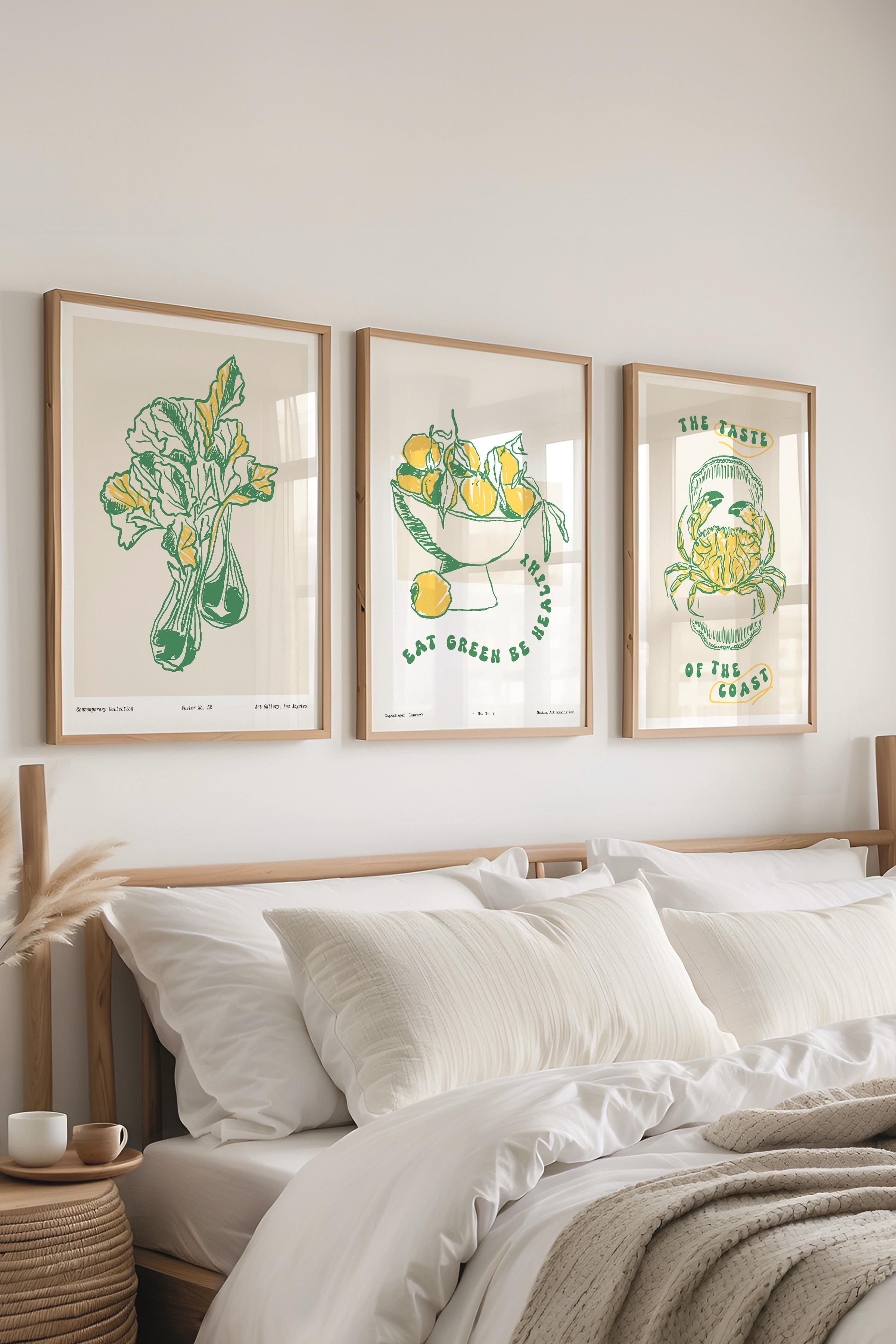 Çerçeveli Tablo Seti, 3 Adet Ahşap Çerçeve ve Minimalist Yemek Temalı Poster Seti, No:300557