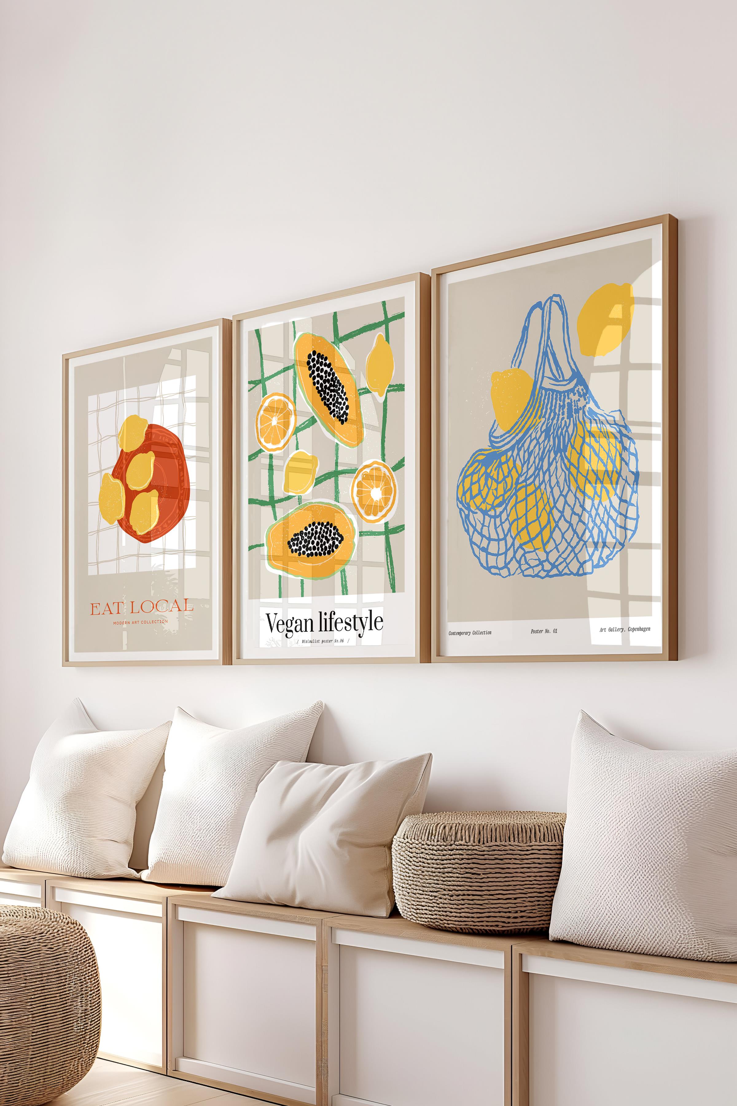 Çerçeveli Tablo Seti, 3 Adet Ahşap Çerçeve ve Minimalist Yemek Temalı Poster Seti, No:300558