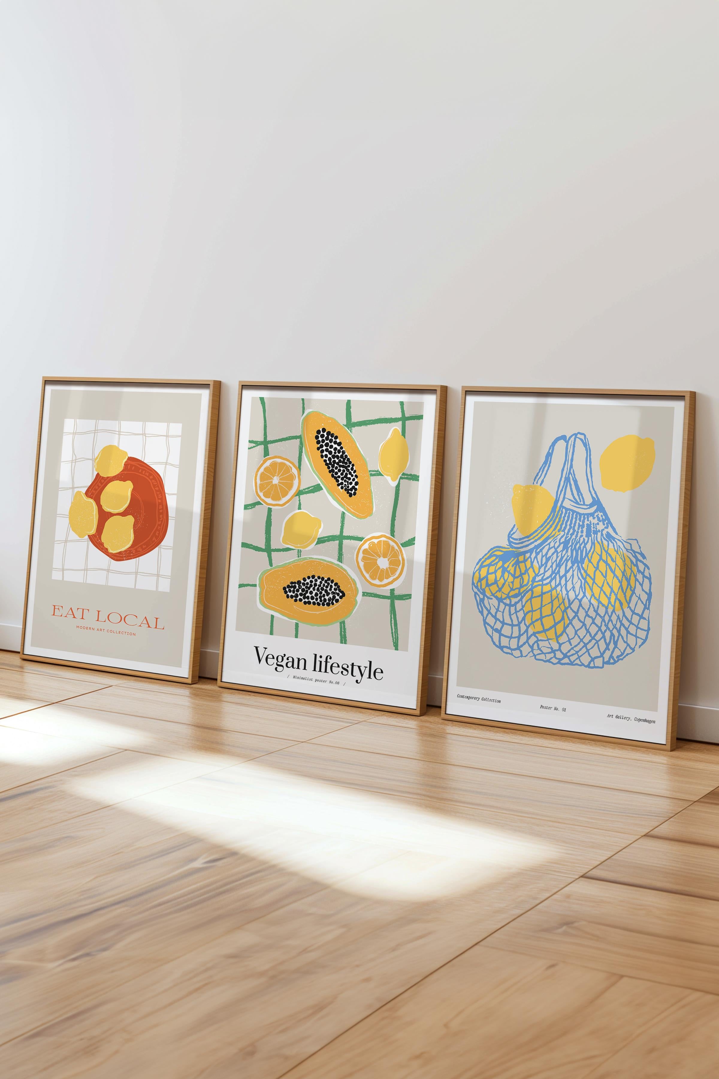 Çerçeveli Tablo Seti, 3 Adet Ahşap Çerçeve ve Minimalist Yemek Temalı Poster Seti, No:300558