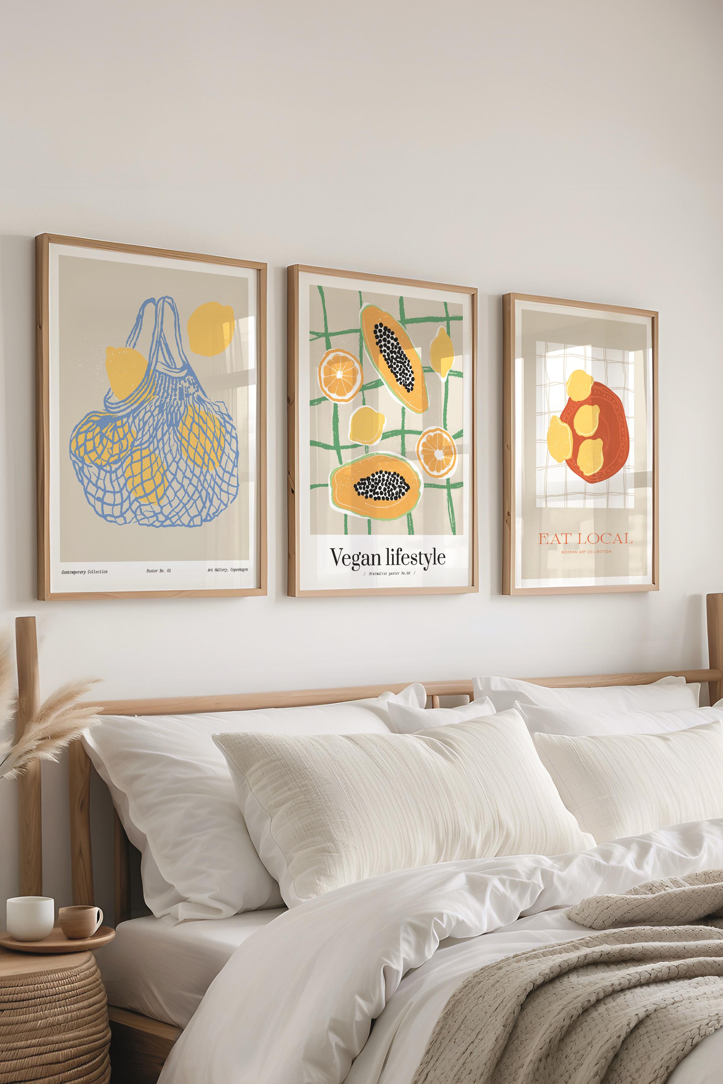 Çerçeveli Tablo Seti, 3 Adet Ahşap Çerçeve ve Minimalist Yemek Temalı Poster Seti, No:300558