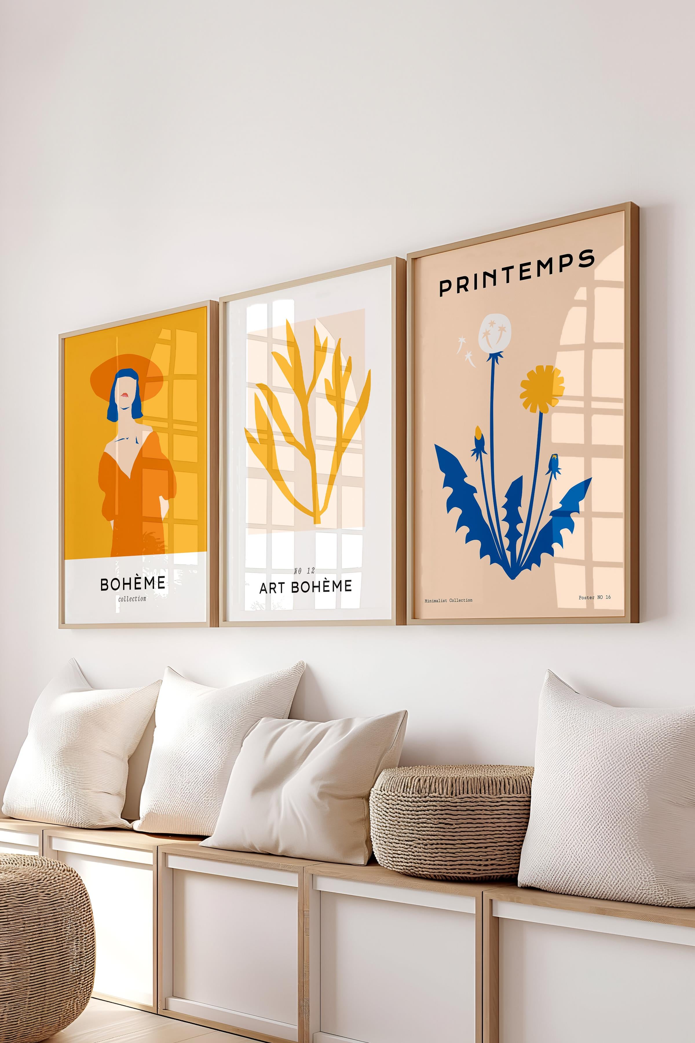 Çerçeveli Tablo Seti, 3 Adet Ahşap Çerçeve ve Pastel Boho Temalı Poster Seti, No:300465
