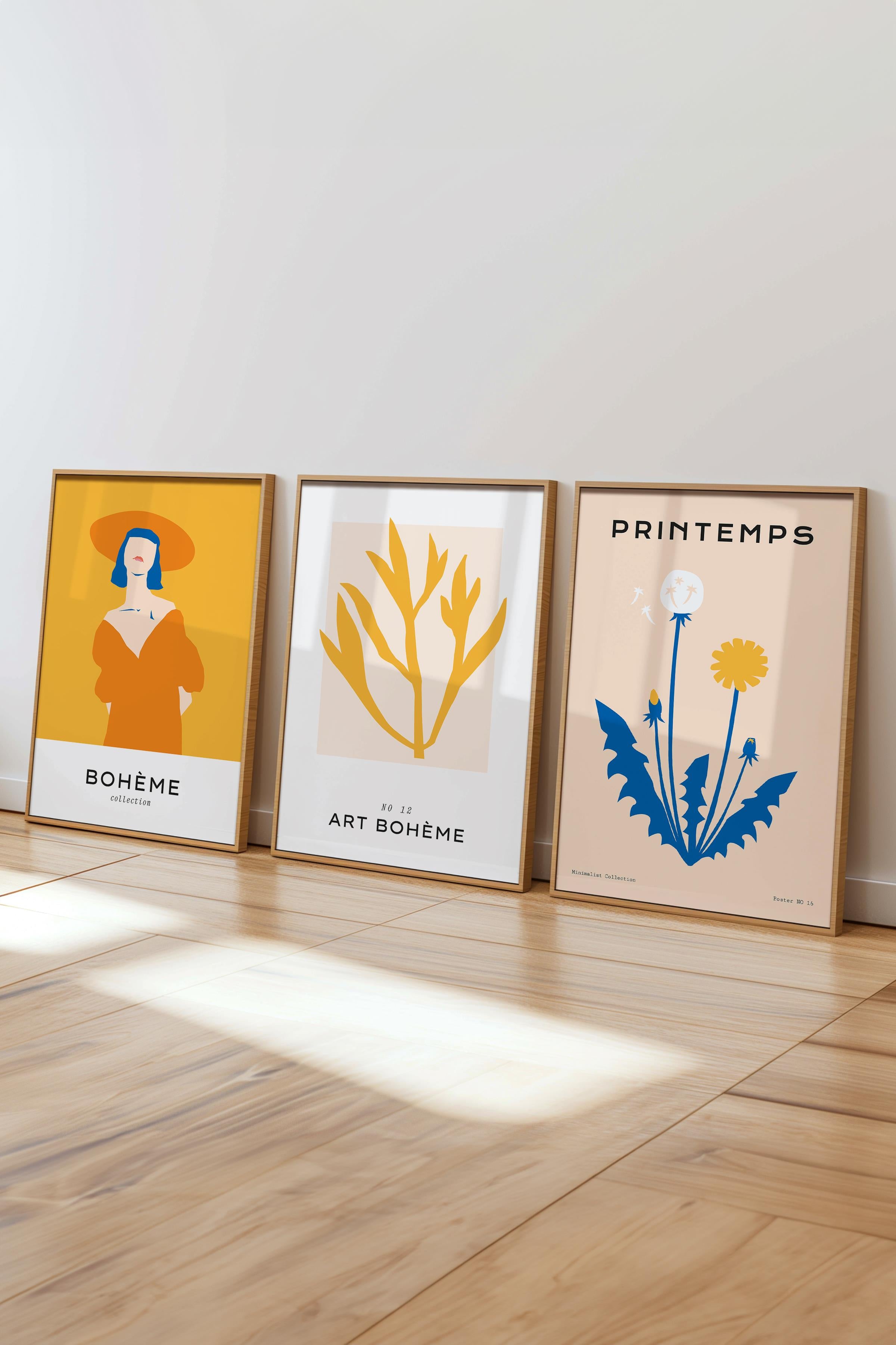 Çerçeveli Tablo Seti, 3 Adet Ahşap Çerçeve ve Pastel Boho Temalı Poster Seti, No:300465