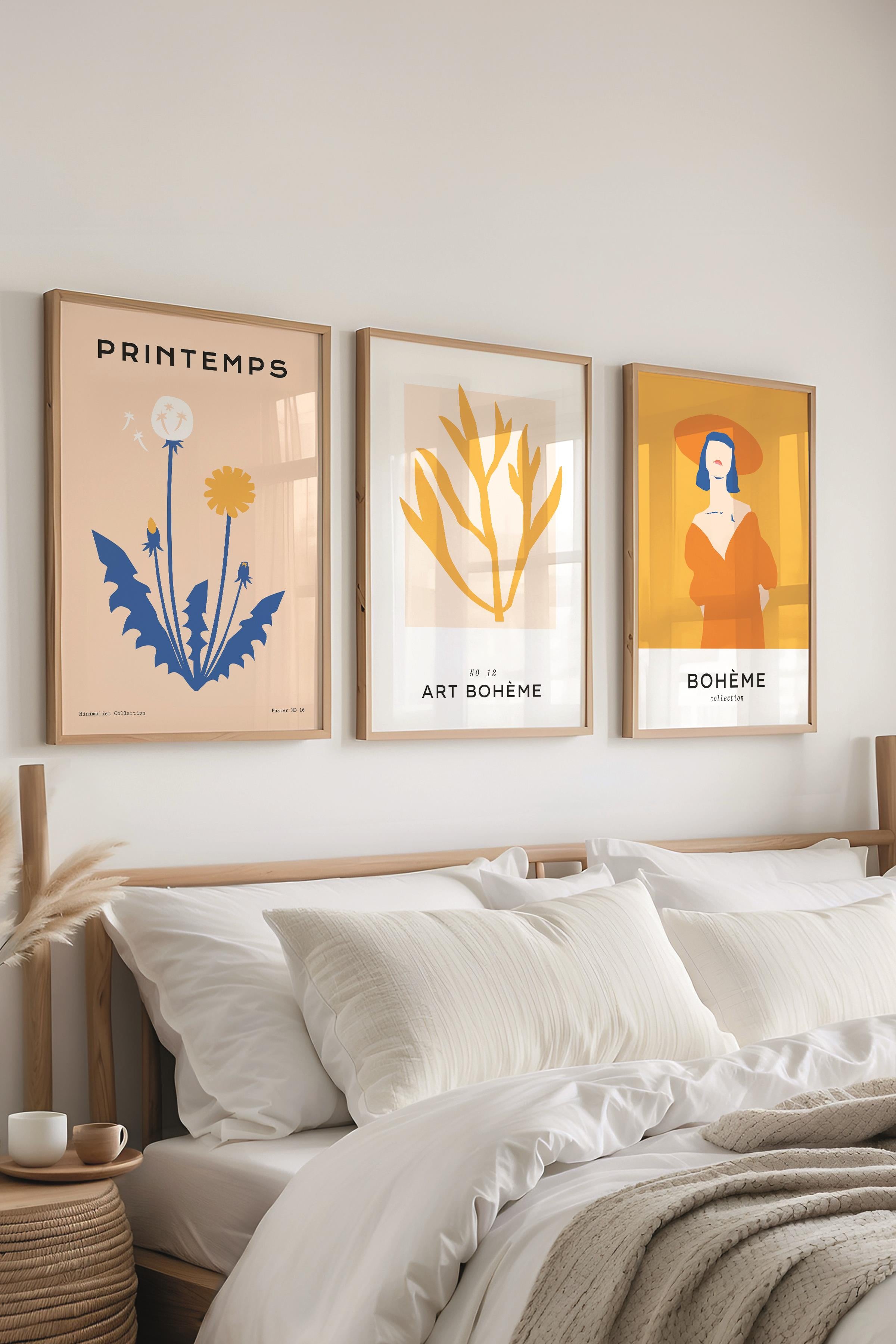 Çerçeveli Tablo Seti, 3 Adet Ahşap Çerçeve ve Pastel Boho Temalı Poster Seti, No:300465