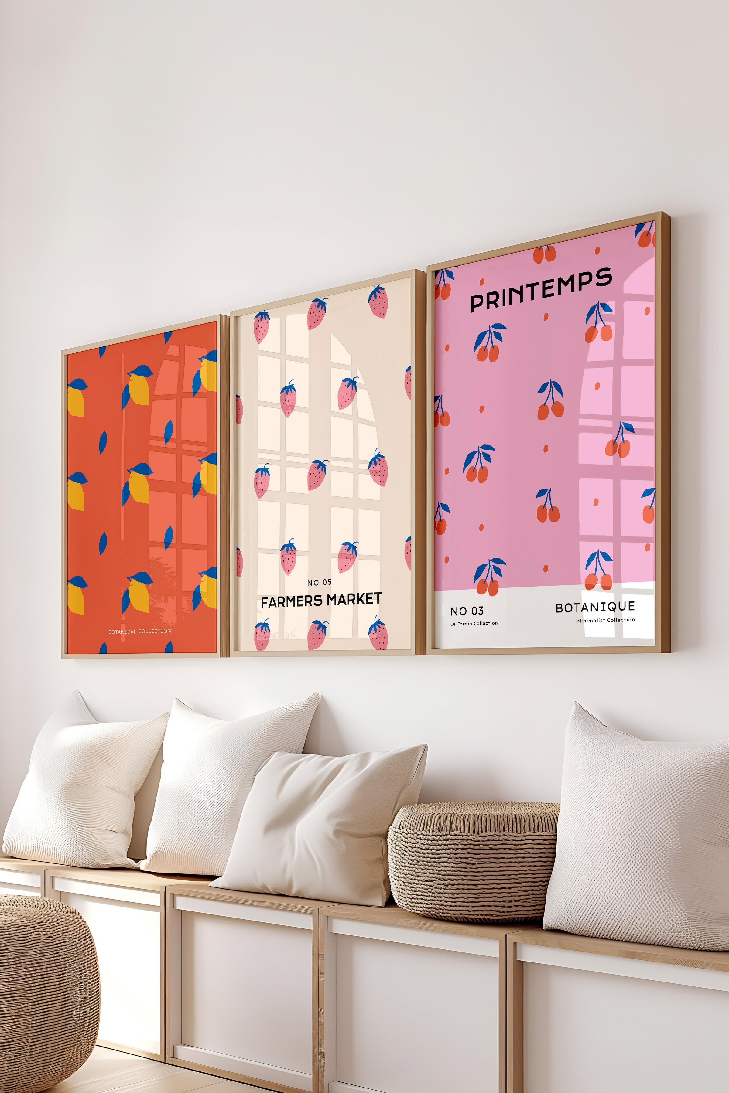 Çerçeveli Tablo Seti, 3 Adet Ahşap Çerçeve ve Pastel Temalı Poster Seti, Duvar Tablosu No:300452