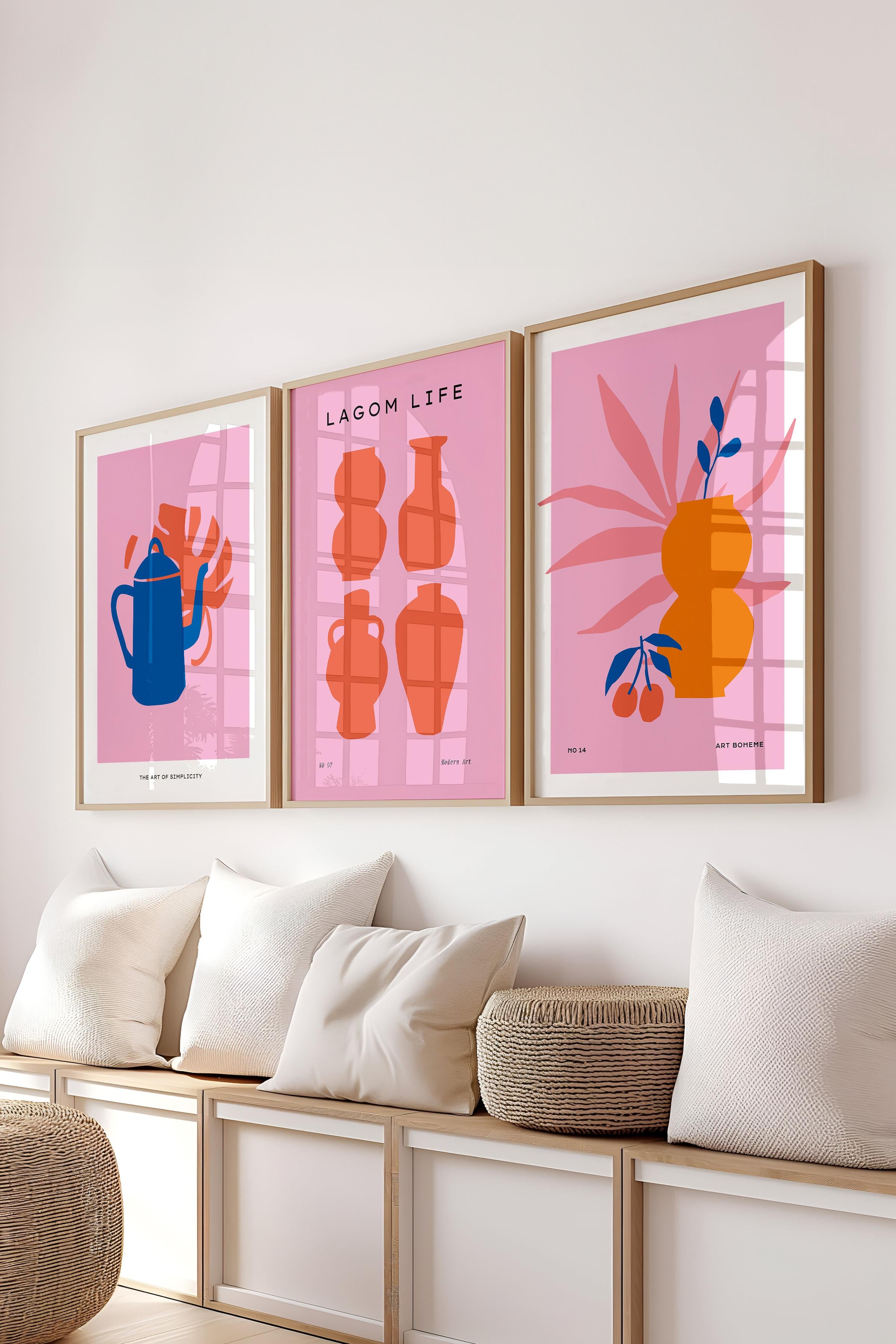 Çerçeveli Tablo Seti, 3 Adet Ahşap Çerçeve ve Pembe Minimalist Temalı Poster Seti, No:300454