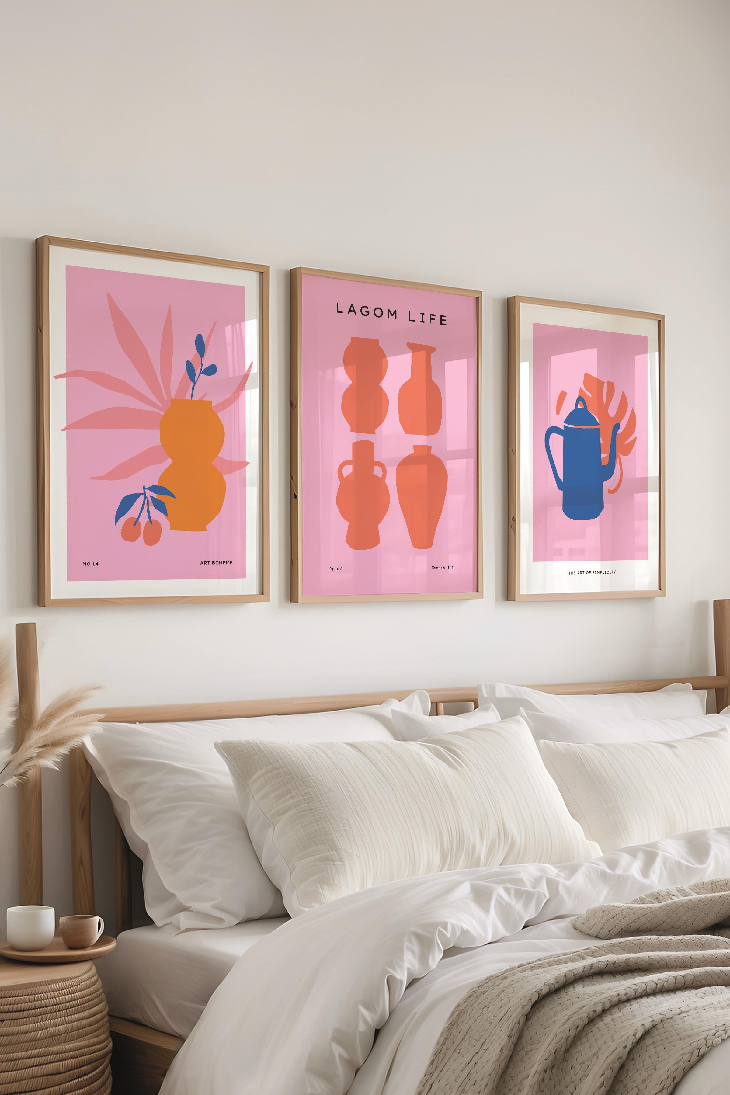 Çerçeveli Tablo Seti, 3 Adet Ahşap Çerçeve ve Pembe Minimalist Temalı Poster Seti, No:300454