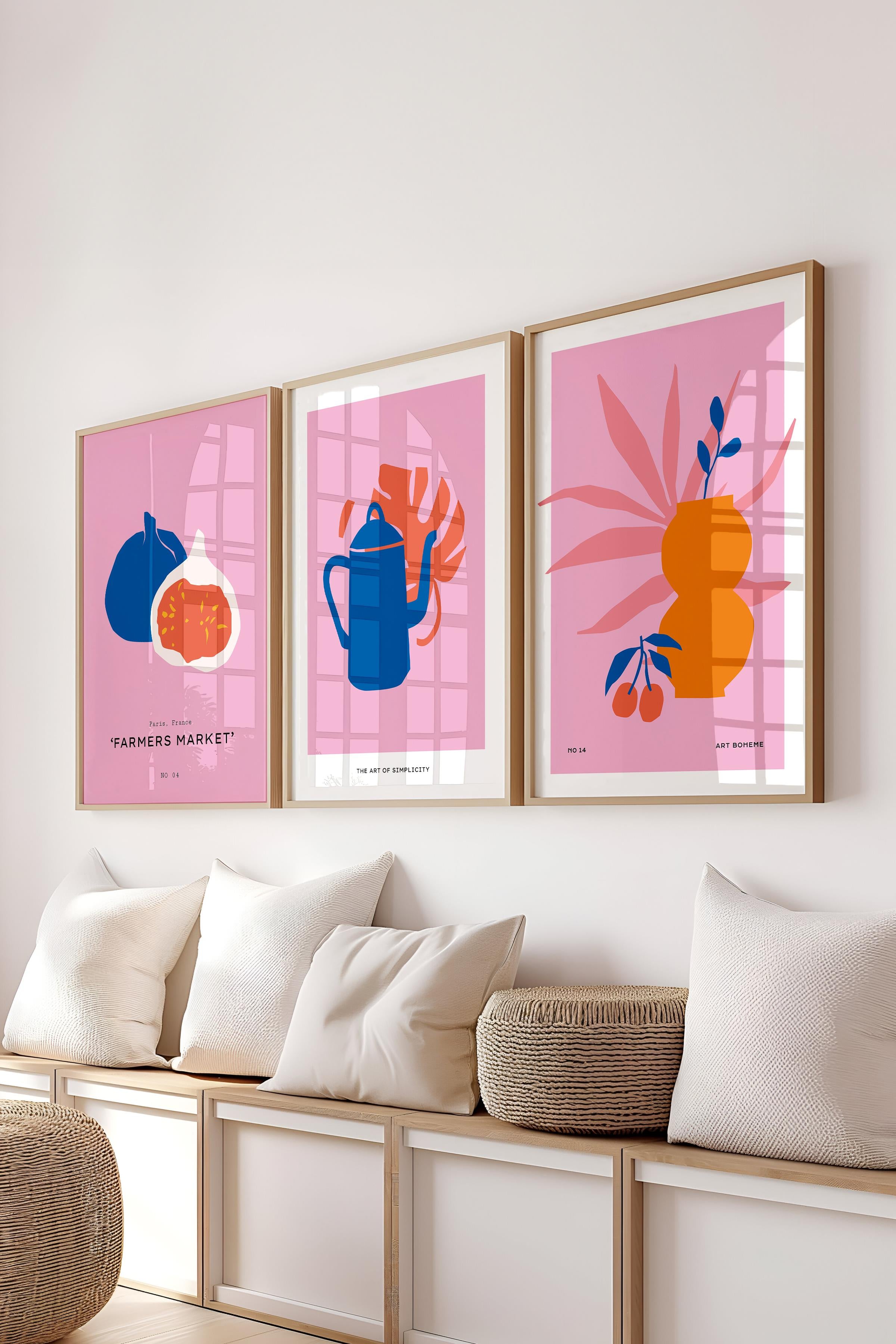 Çerçeveli Tablo Seti, 3 Adet Ahşap Çerçeve ve Pembe Minimalist Temalı Poster Seti, No:300461