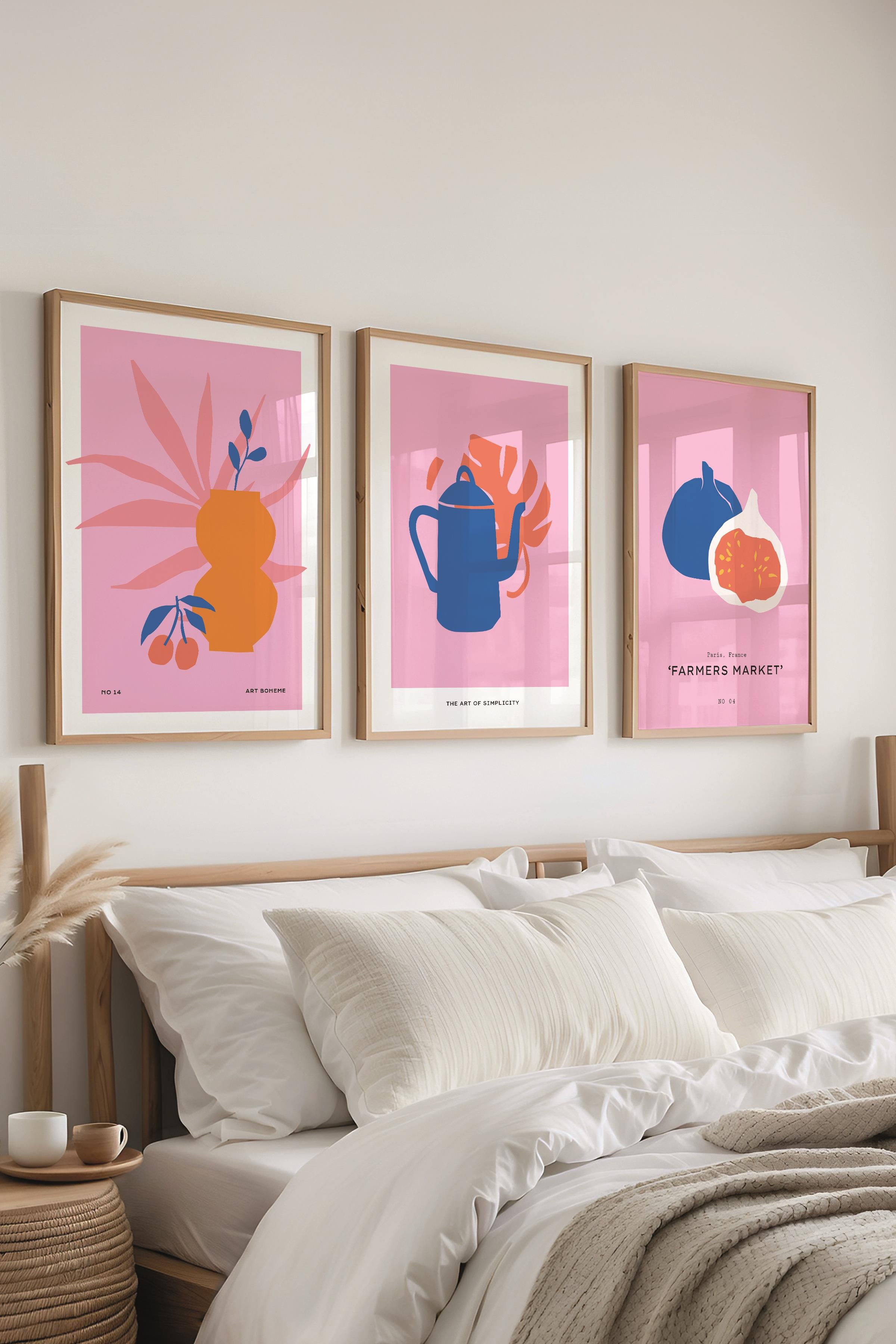 Çerçeveli Tablo Seti, 3 Adet Ahşap Çerçeve ve Pembe Minimalist Temalı Poster Seti, No:300461