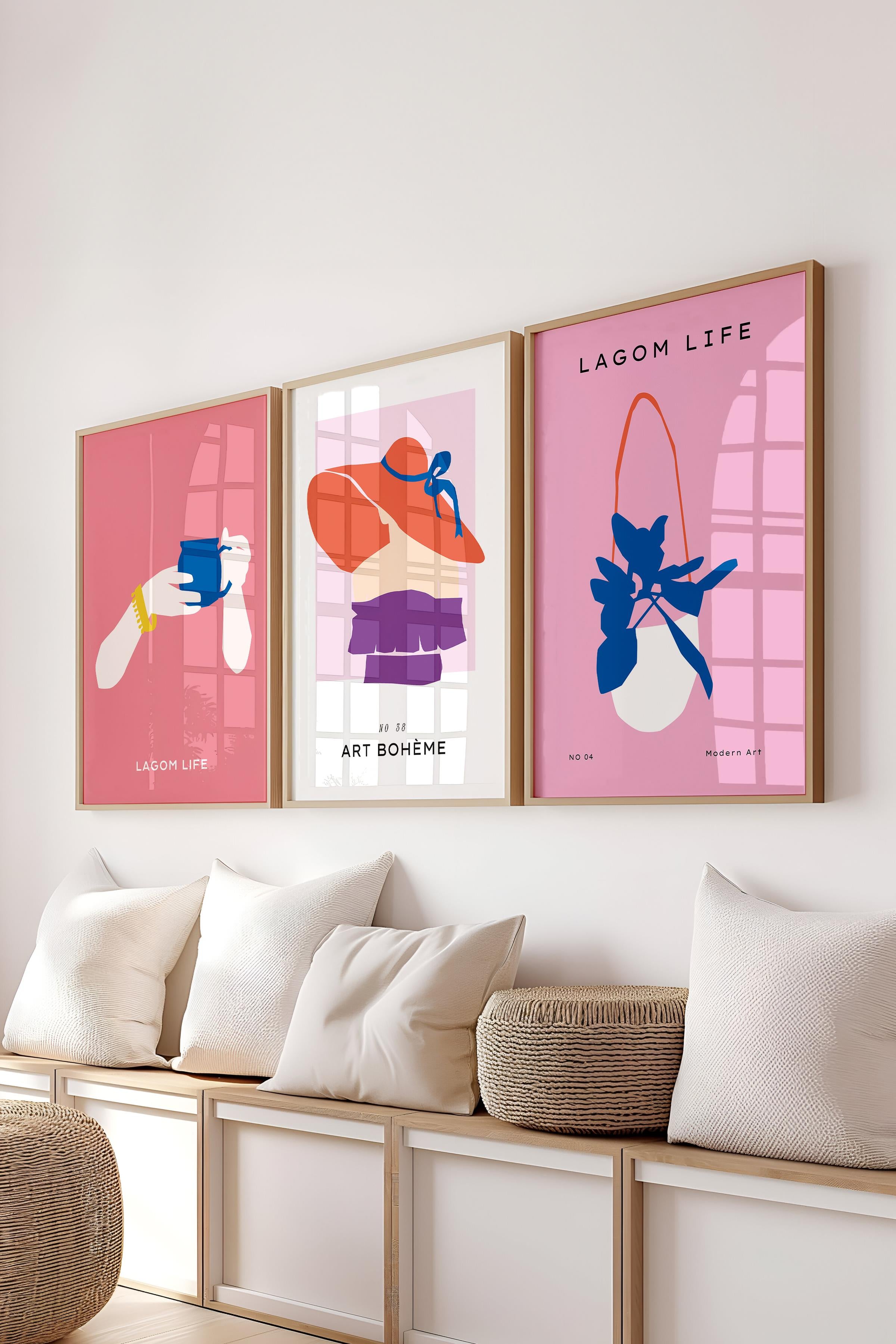 Çerçeveli Tablo Seti, 3 Adet Ahşap Çerçeve ve Pembe Minimalist Temalı Poster Seti, No:300463