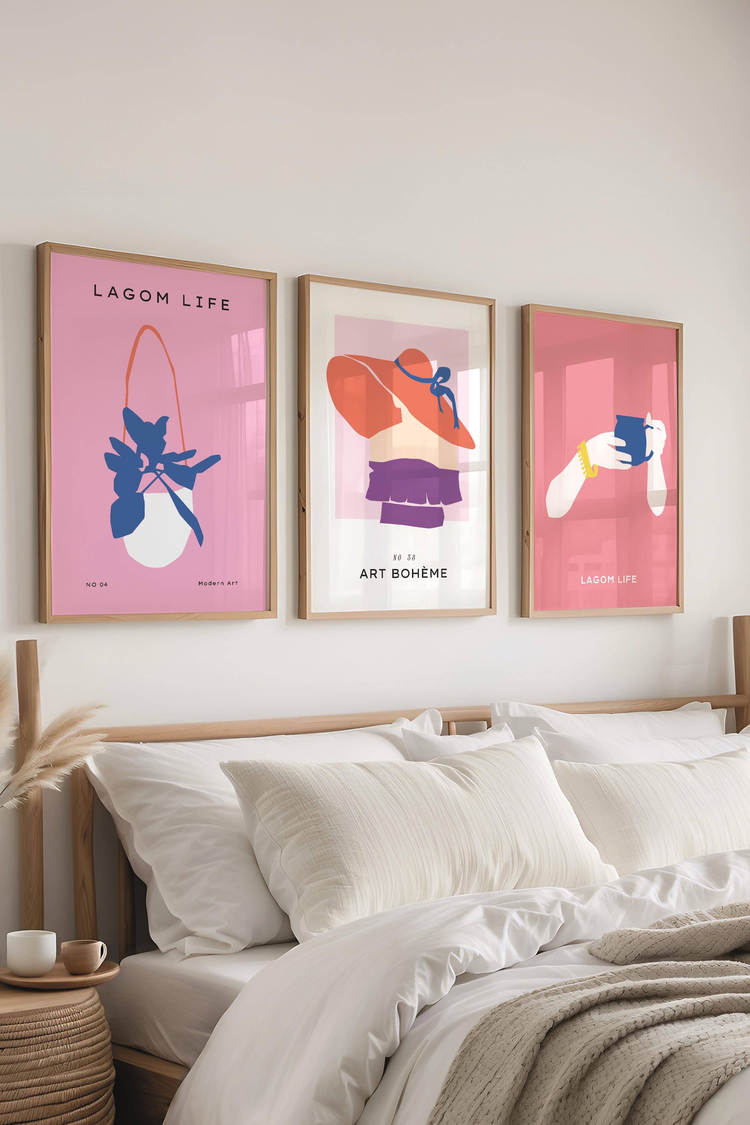 Çerçeveli Tablo Seti, 3 Adet Ahşap Çerçeve ve Pembe Minimalist Temalı Poster Seti, No:300463