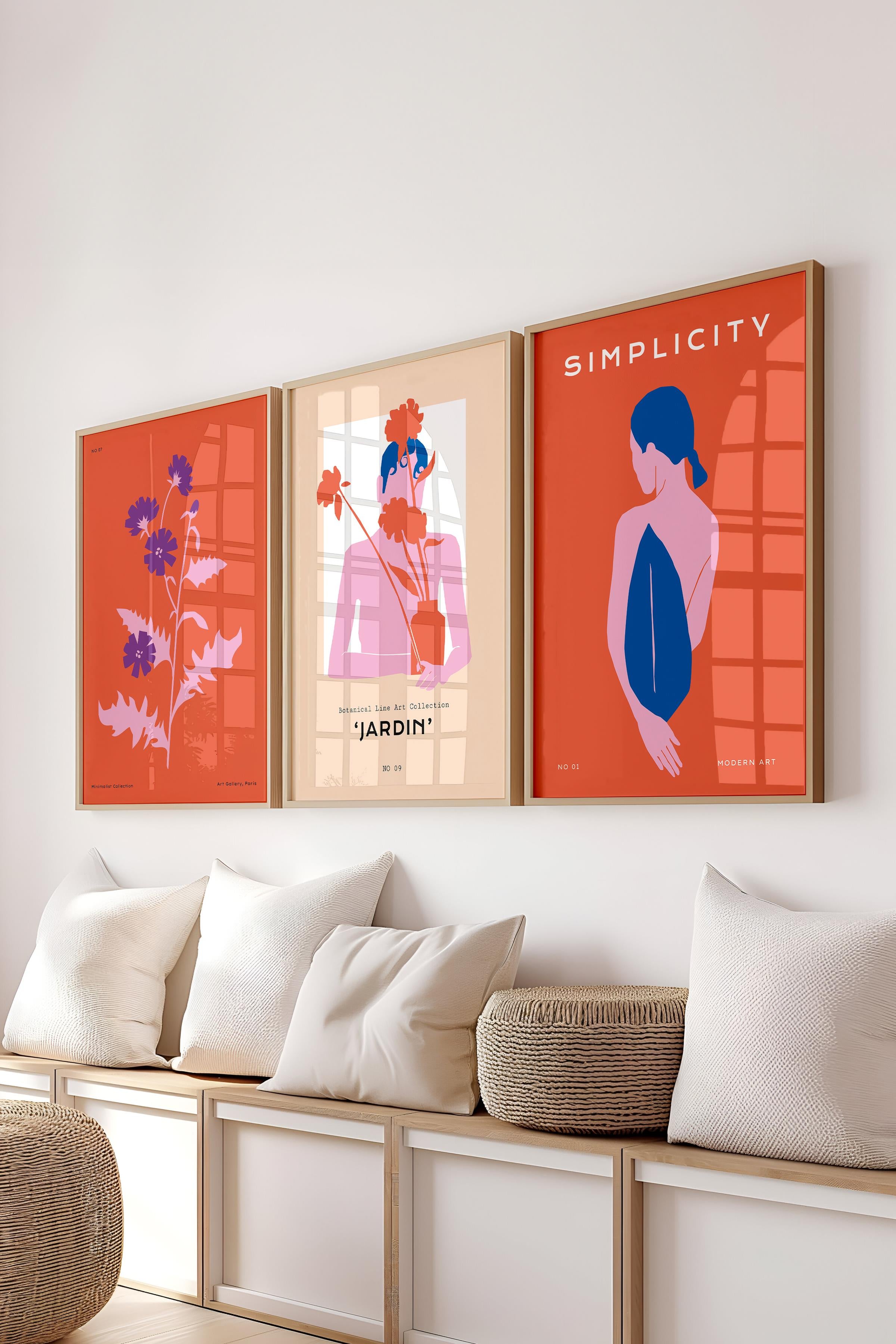 Çerçeveli Tablo Seti, 3 Adet Ahşap Çerçeve ve Renkli Minimalist Temalı Poster Seti, No:300460