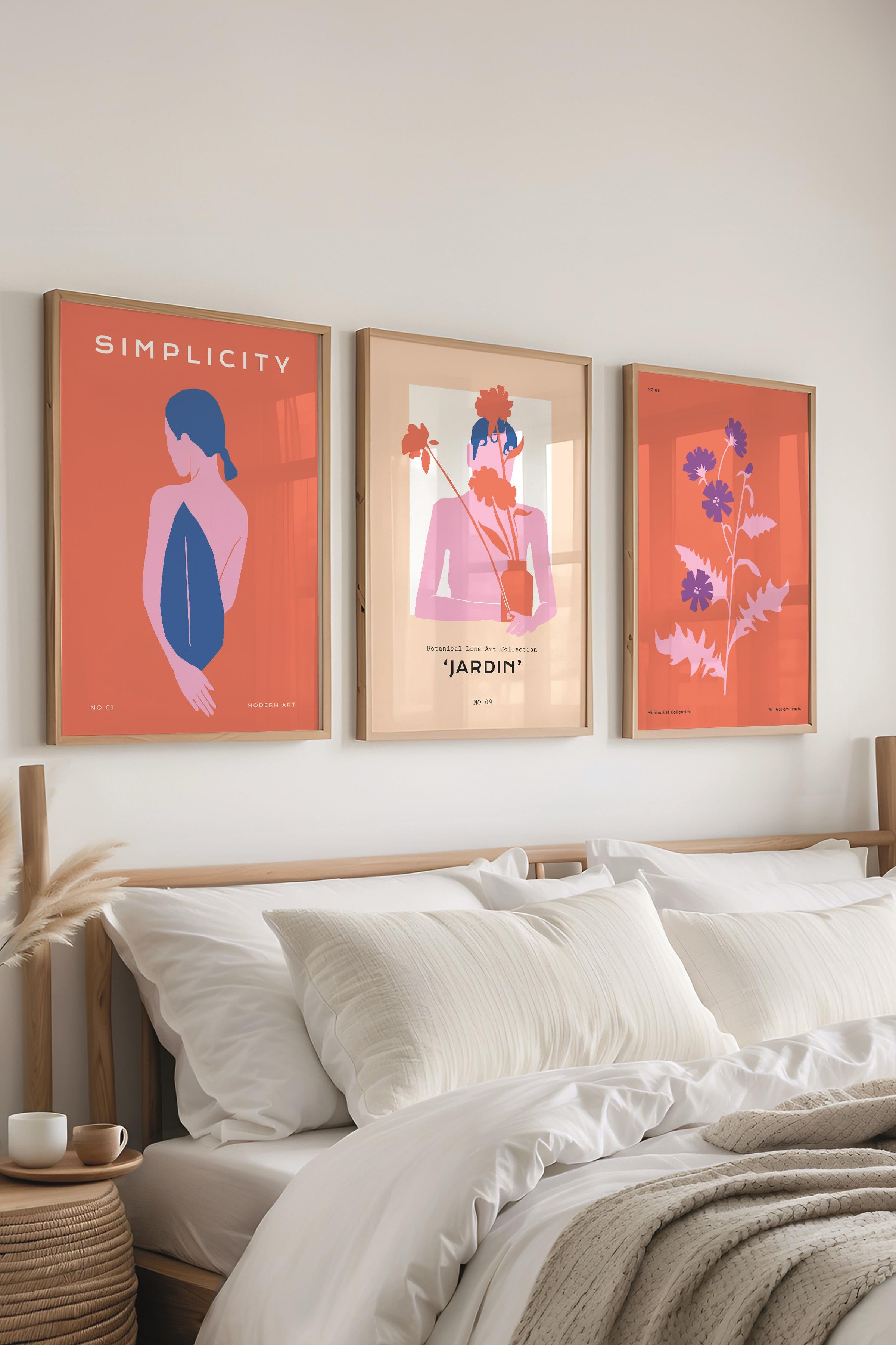 Çerçeveli Tablo Seti, 3 Adet Ahşap Çerçeve ve Renkli Minimalist Temalı Poster Seti, No:300460