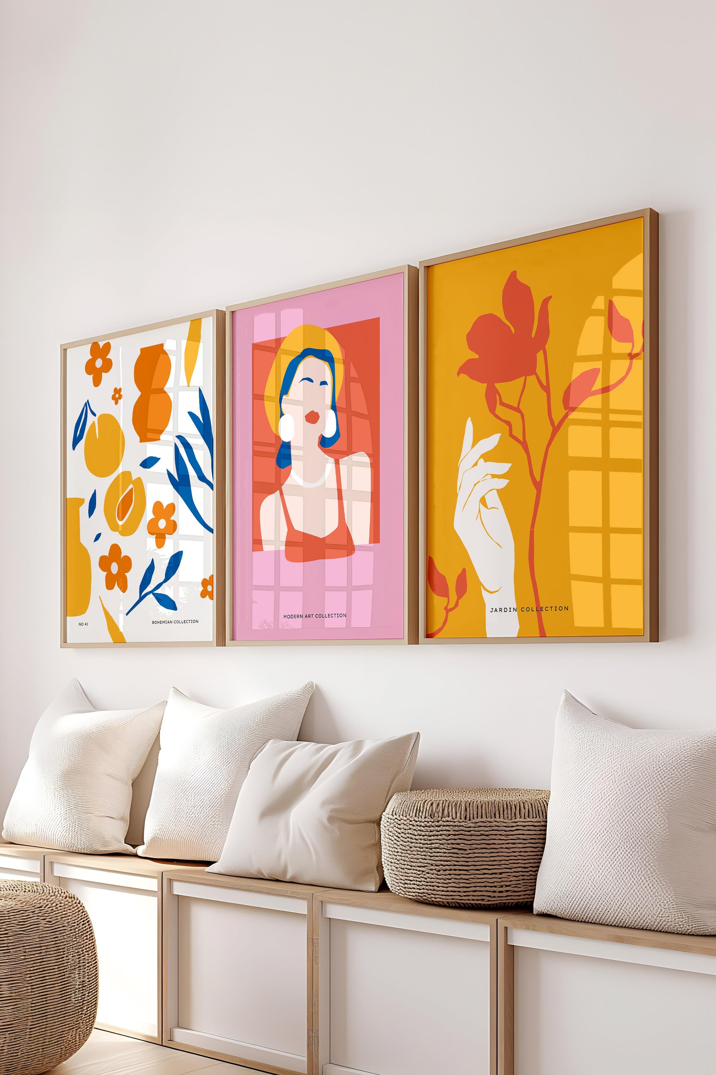 Çerçeveli Tablo Seti, 3 Adet Ahşap Çerçeve ve Renkli Minimalist Temalı Poster Seti, No:300464