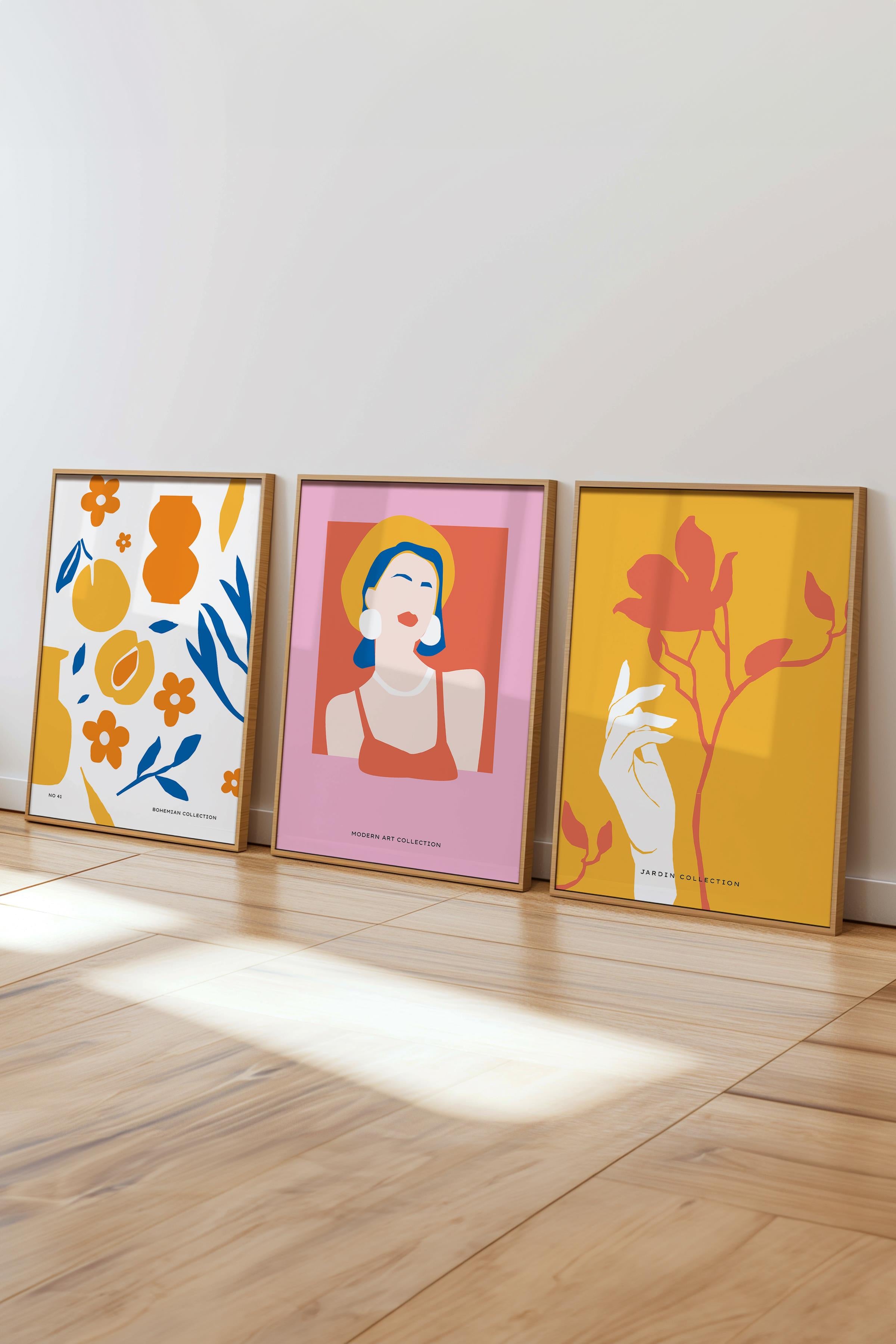 Çerçeveli Tablo Seti, 3 Adet Ahşap Çerçeve ve Renkli Minimalist Temalı Poster Seti, No:300464