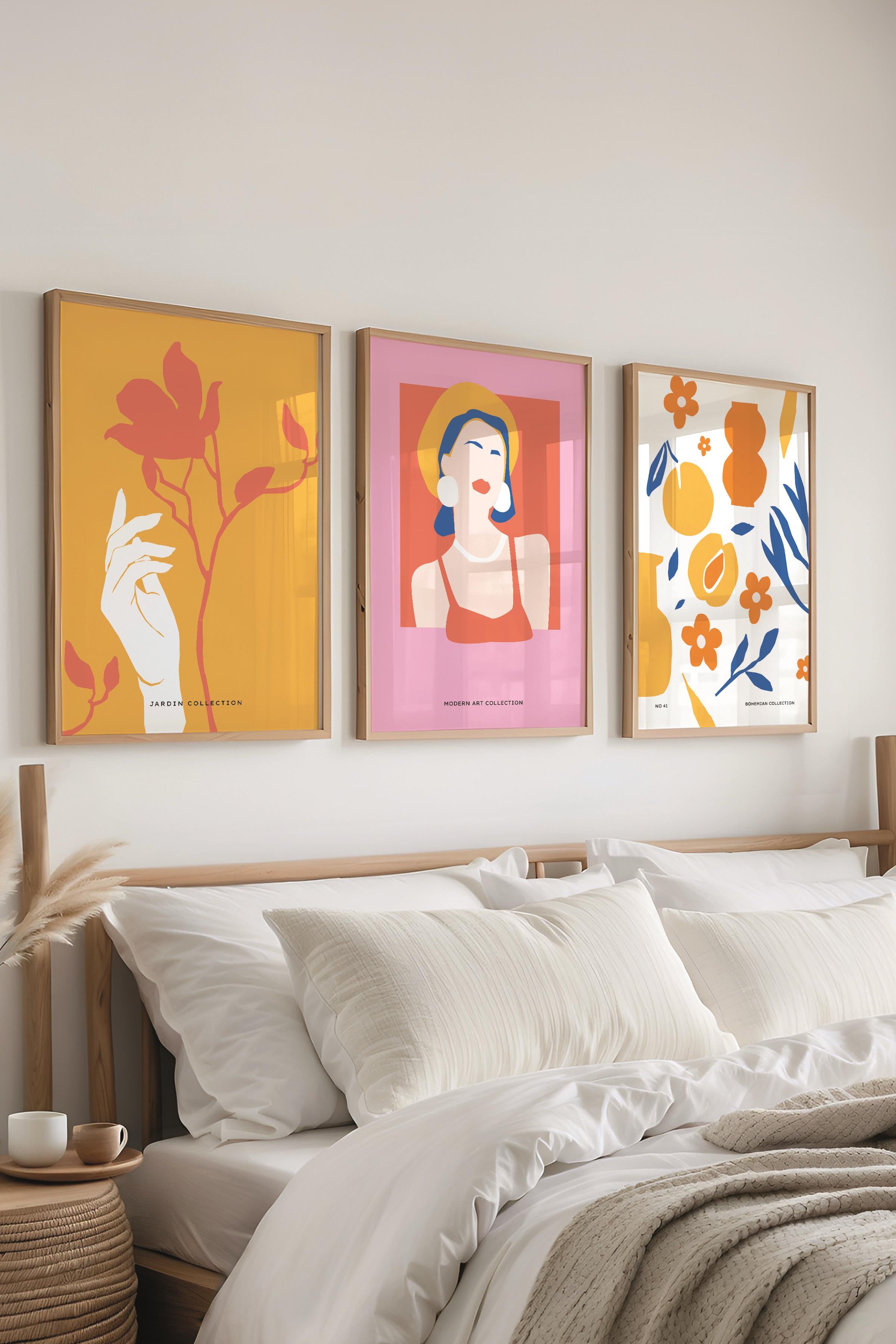 Çerçeveli Tablo Seti, 3 Adet Ahşap Çerçeve ve Renkli Minimalist Temalı Poster Seti, No:300464