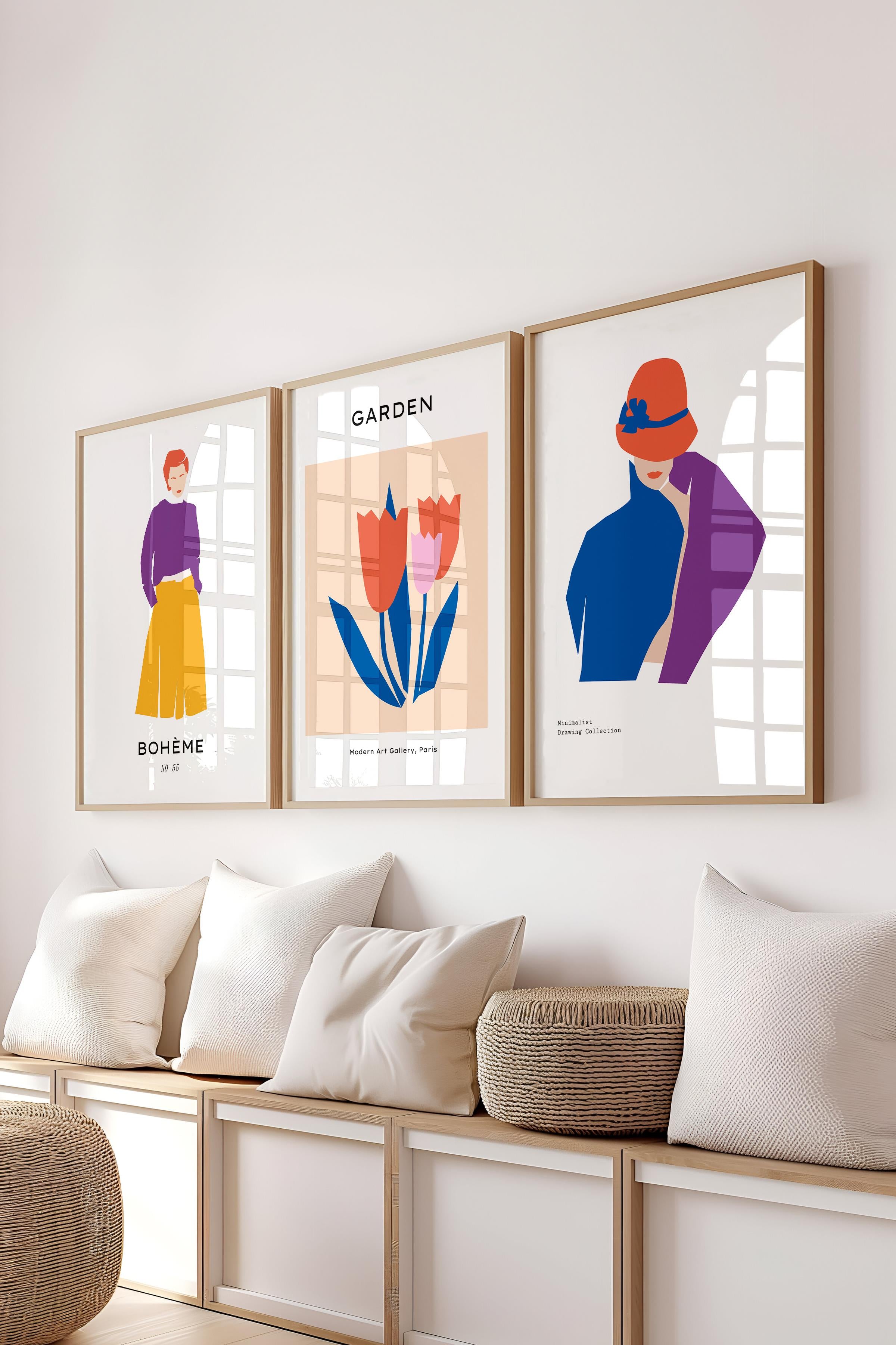 Çerçeveli Tablo Seti, 3 Adet Ahşap Çerçeve ve Renkli Minimalist Temalı Poster Seti, No:300466