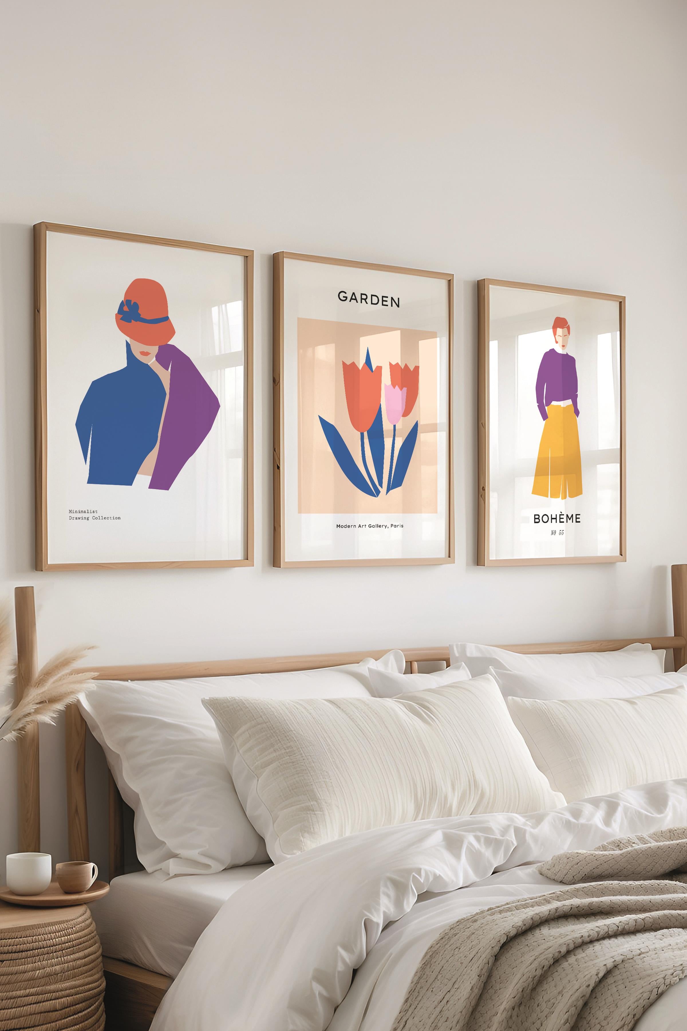 Çerçeveli Tablo Seti, 3 Adet Ahşap Çerçeve ve Renkli Minimalist Temalı Poster Seti, No:300466