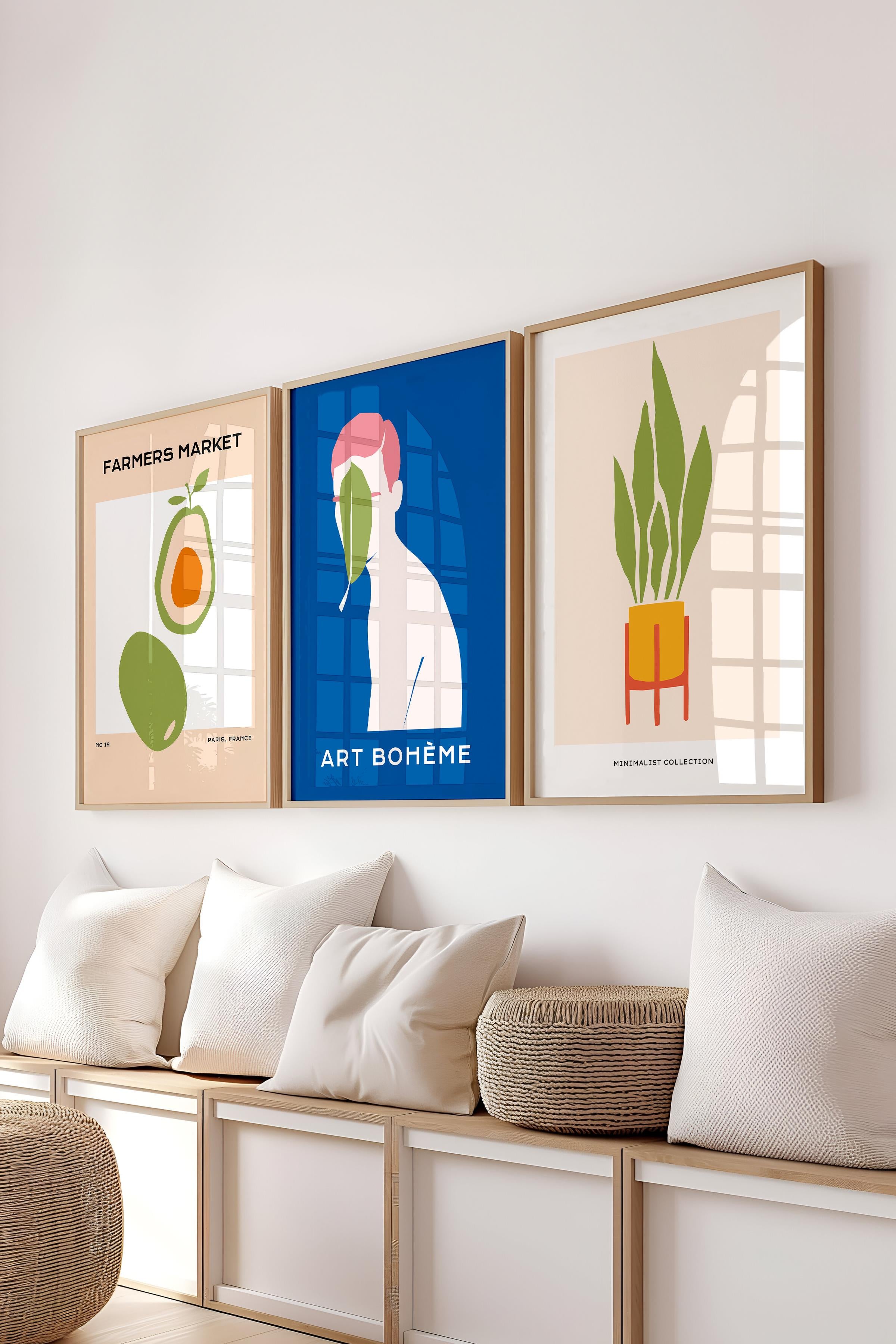 Çerçeveli Tablo Seti, 3 Adet Ahşap Çerçeve ve Renkli Minimalist Temalı Poster Seti, No:300467