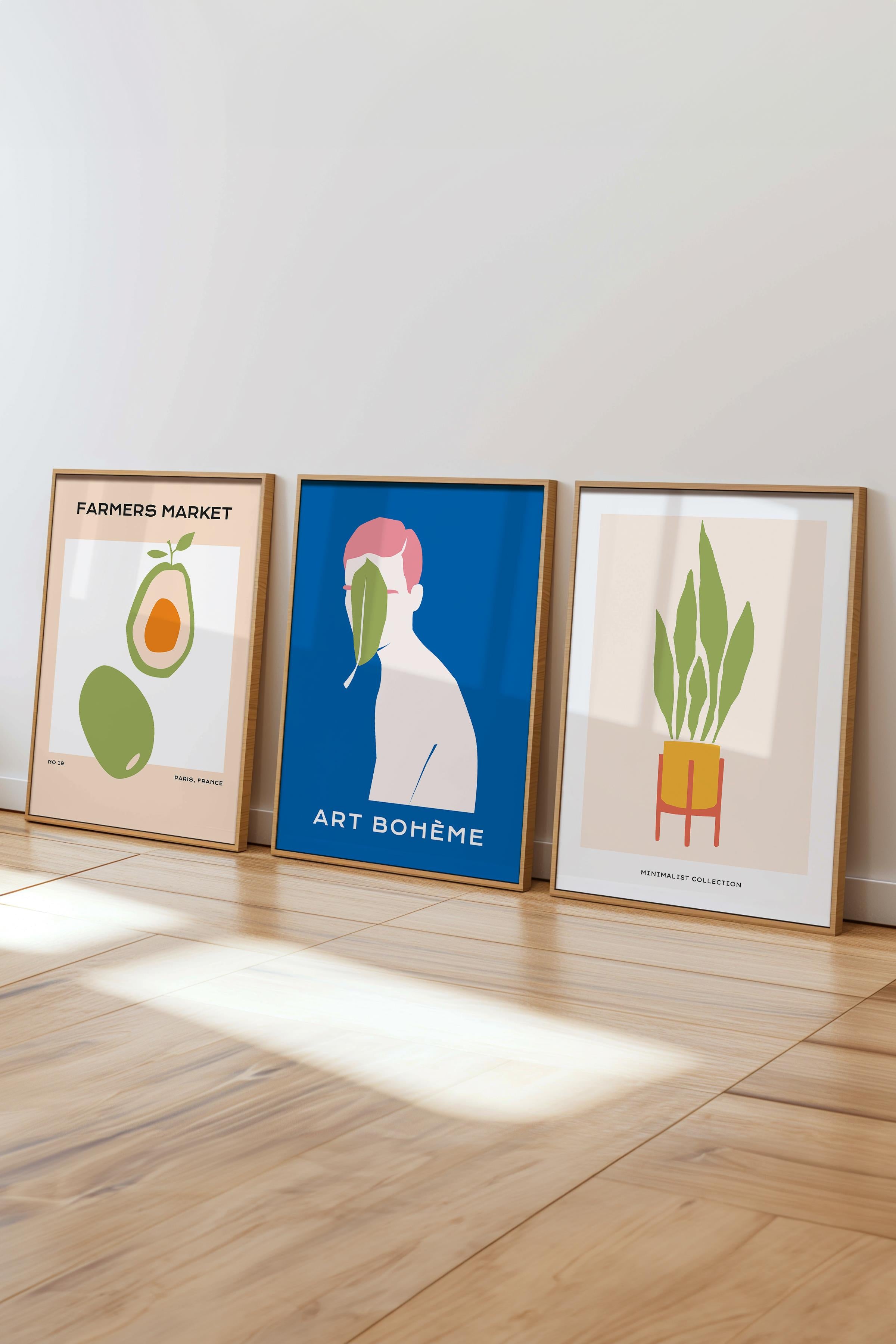Çerçeveli Tablo Seti, 3 Adet Ahşap Çerçeve ve Renkli Minimalist Temalı Poster Seti, No:300467