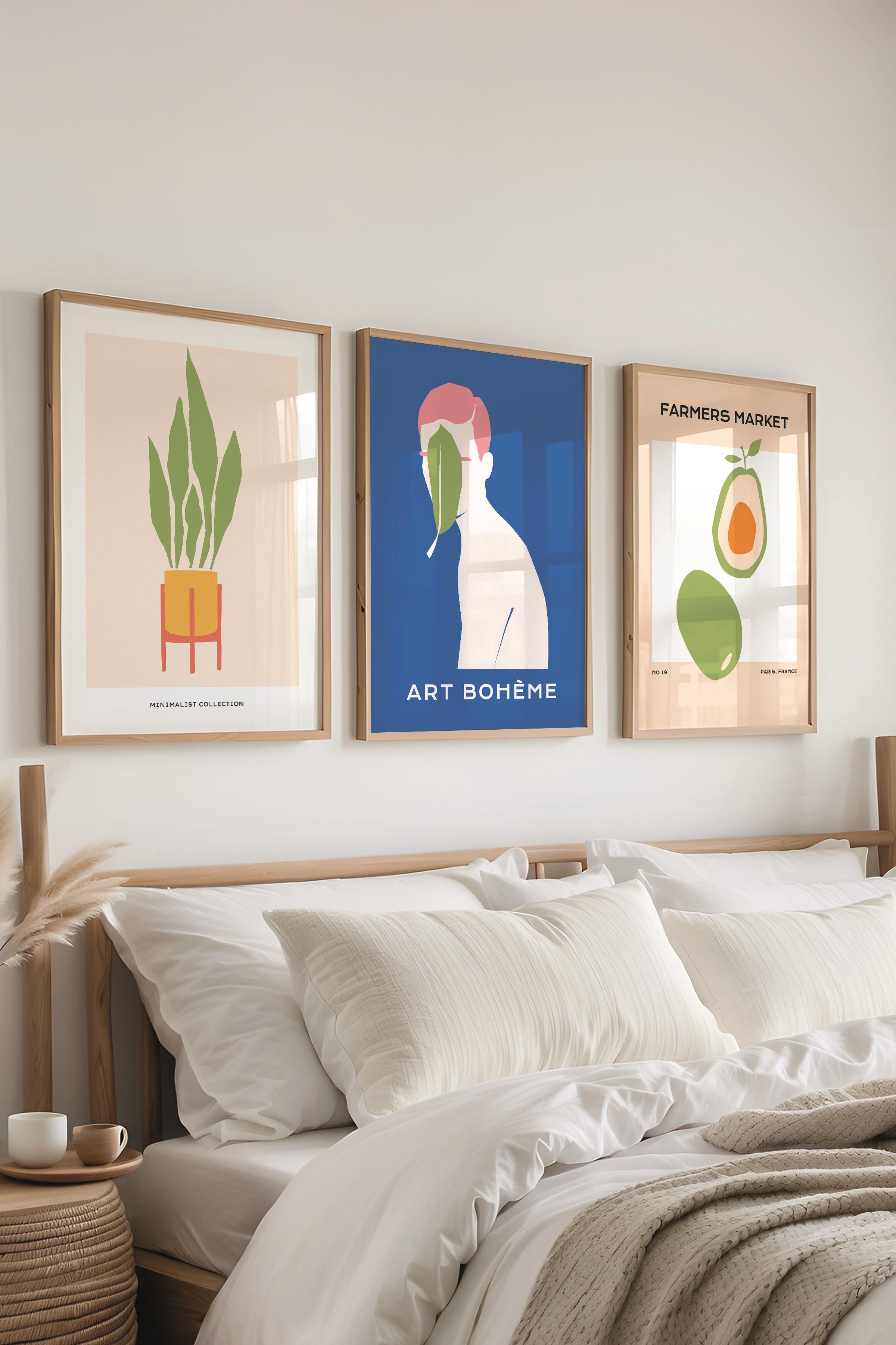 Çerçeveli Tablo Seti, 3 Adet Ahşap Çerçeve ve Renkli Minimalist Temalı Poster Seti, No:300467