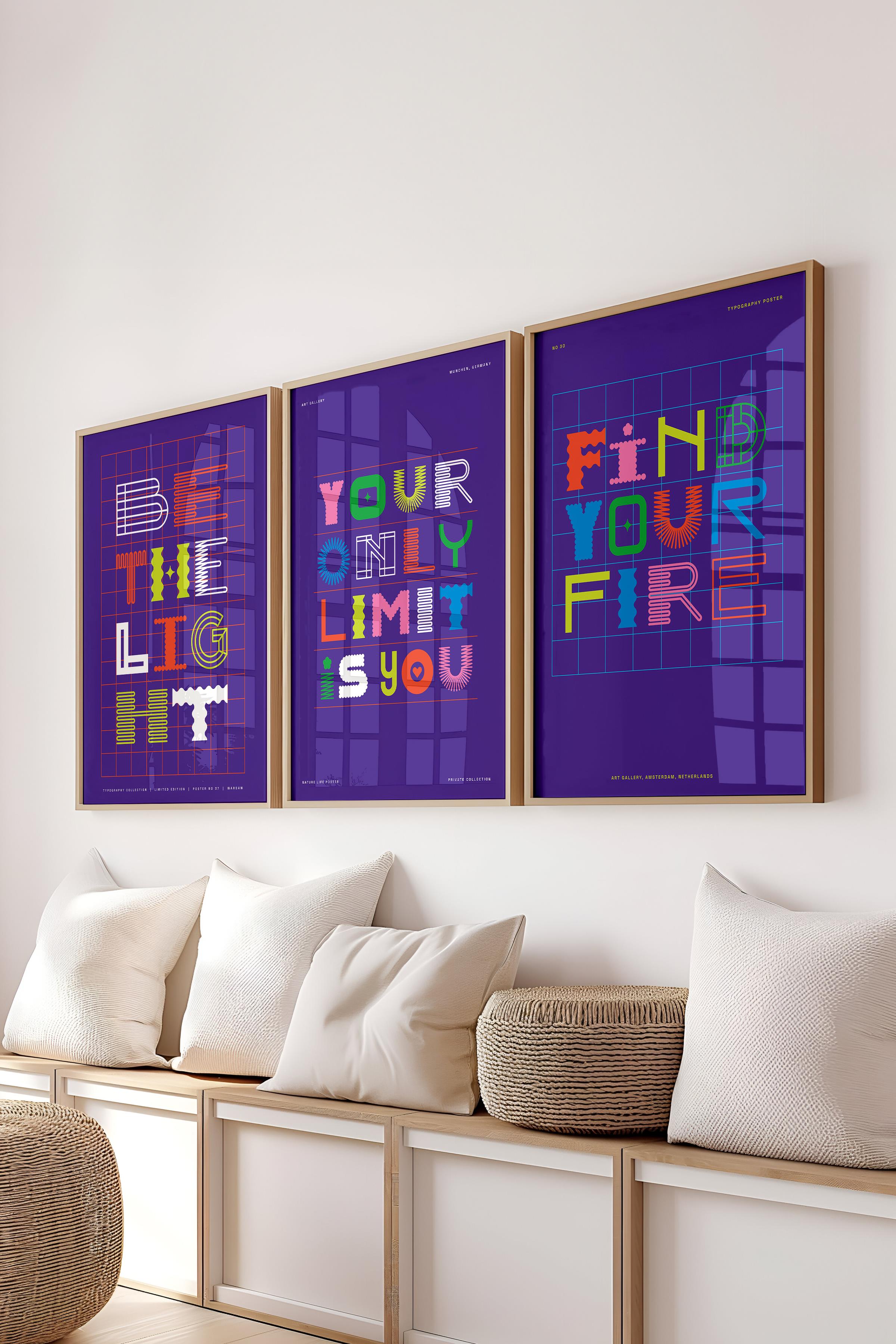 Çerçeveli Tablo Seti, 3 Adet Ahşap Çerçeve ve Renkli Yazı Sanatı Temalı Poster Seti, No:300567