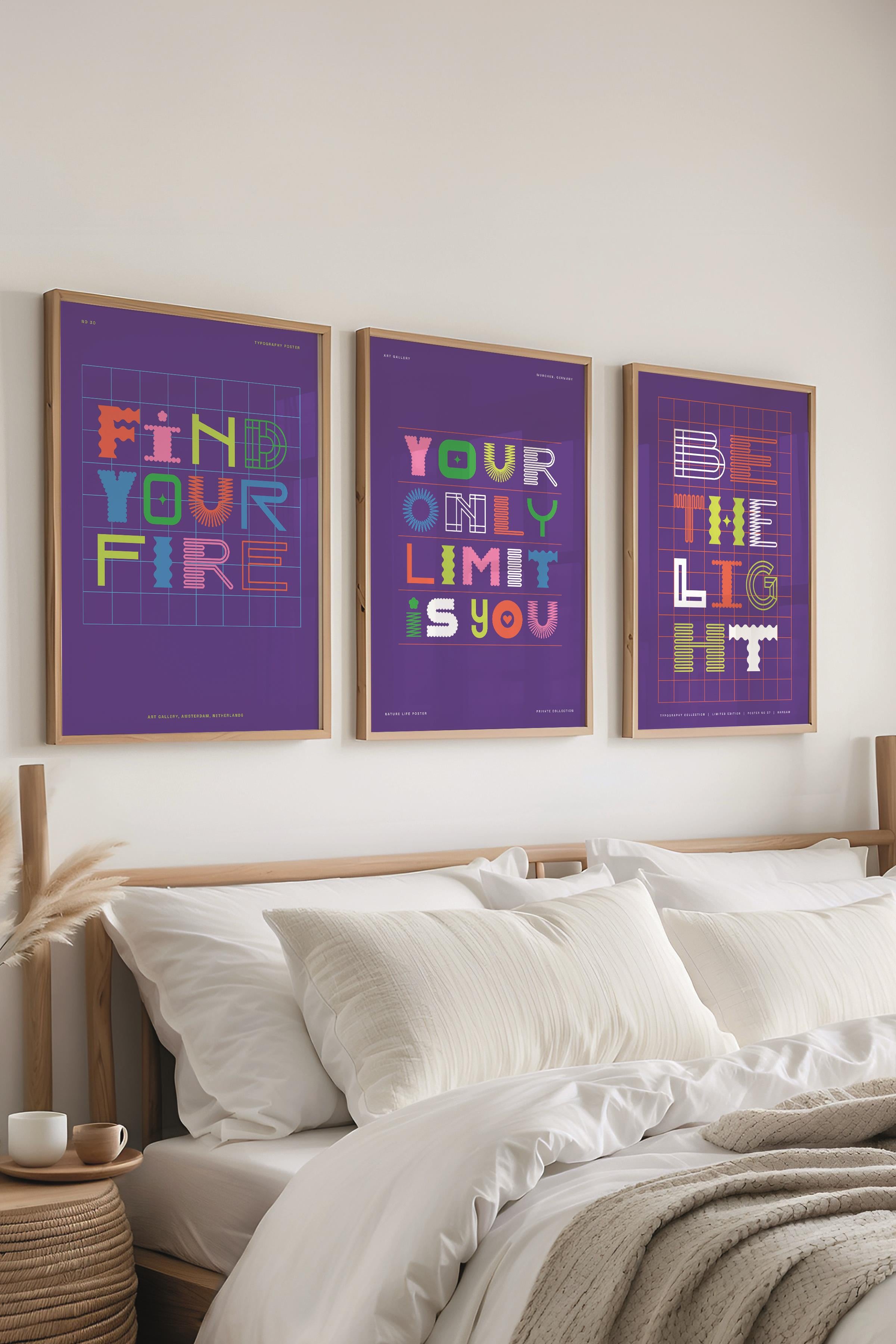 Çerçeveli Tablo Seti, 3 Adet Ahşap Çerçeve ve Renkli Yazı Sanatı Temalı Poster Seti, No:300567