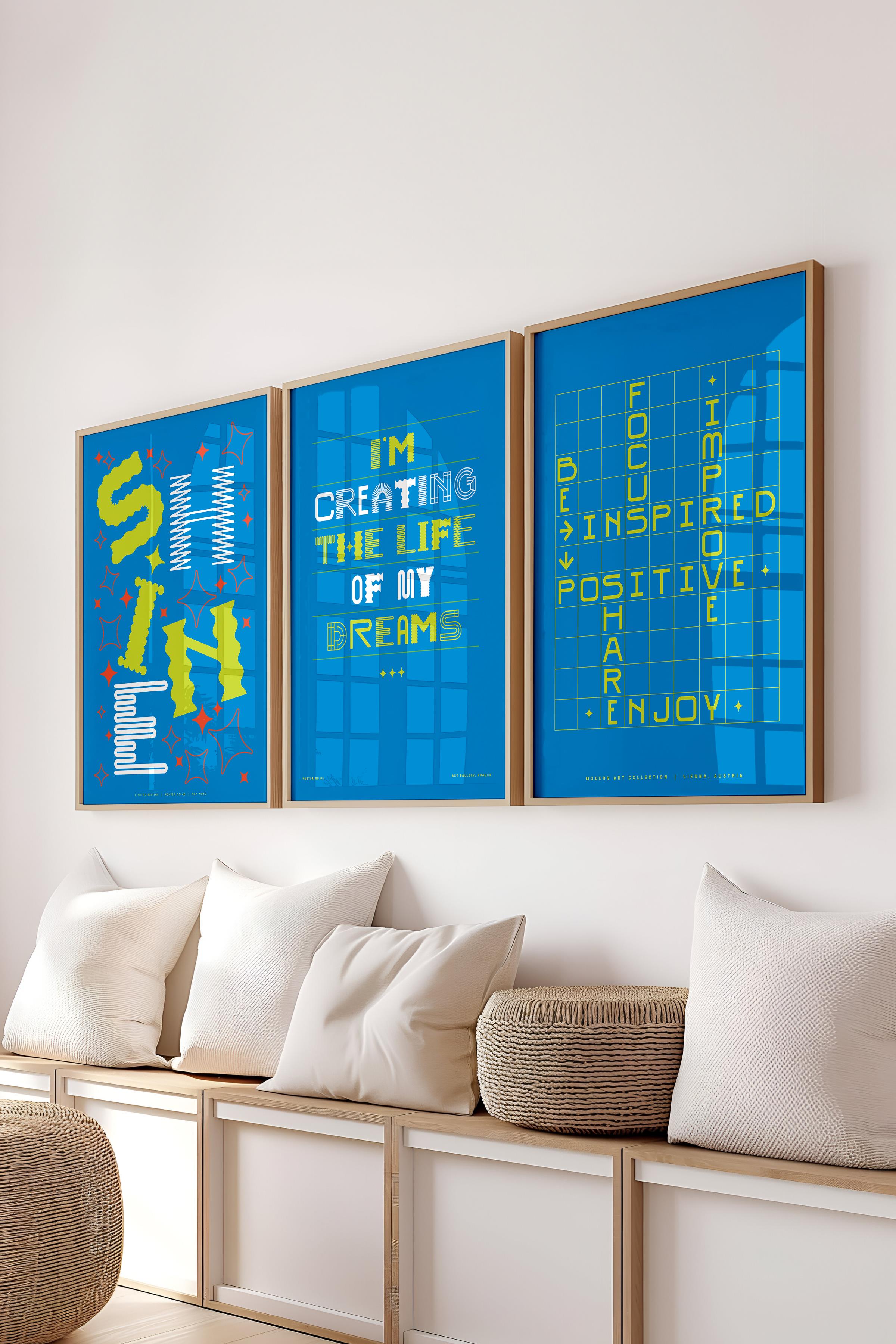 Çerçeveli Tablo Seti, 3 Adet Ahşap Çerçeve ve Renkli Yazı Sanatı Temalı Poster Seti, No:300571
