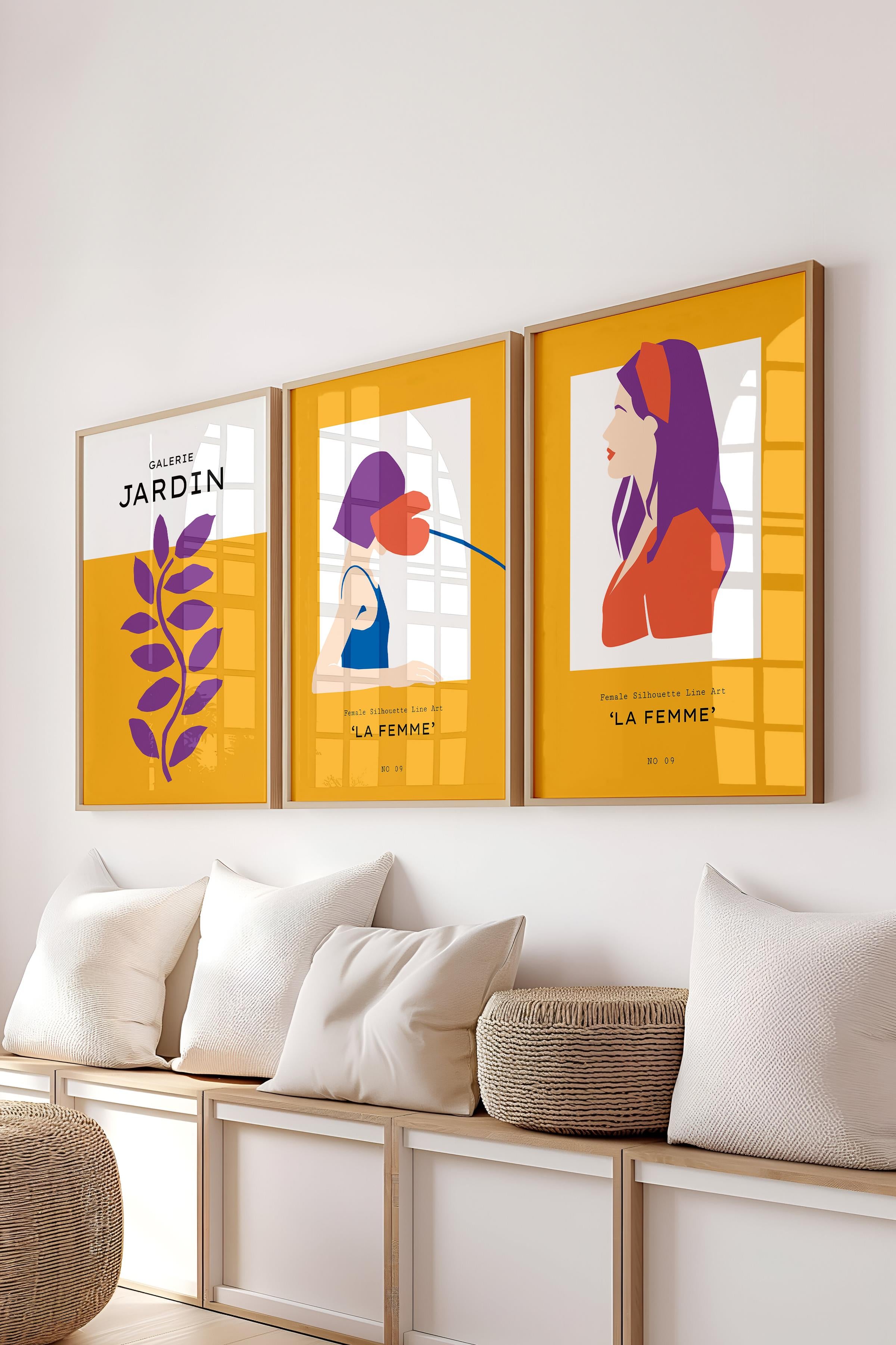 Çerçeveli Tablo Seti, 3 Adet Ahşap Çerçeve ve Sarı Minimalist Temalı Poster Seti, No:300462