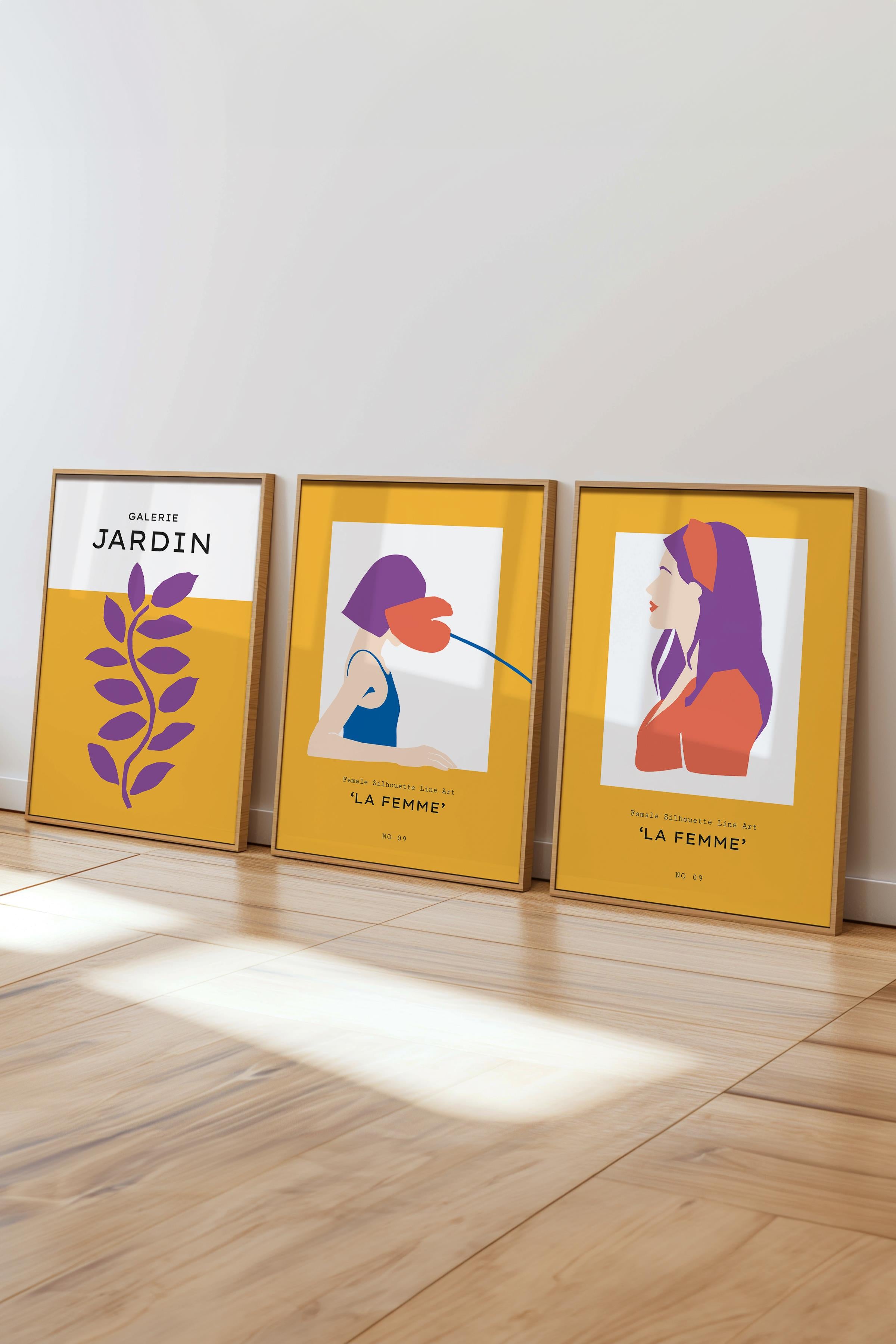 Çerçeveli Tablo Seti, 3 Adet Ahşap Çerçeve ve Sarı Minimalist Temalı Poster Seti, No:300462
