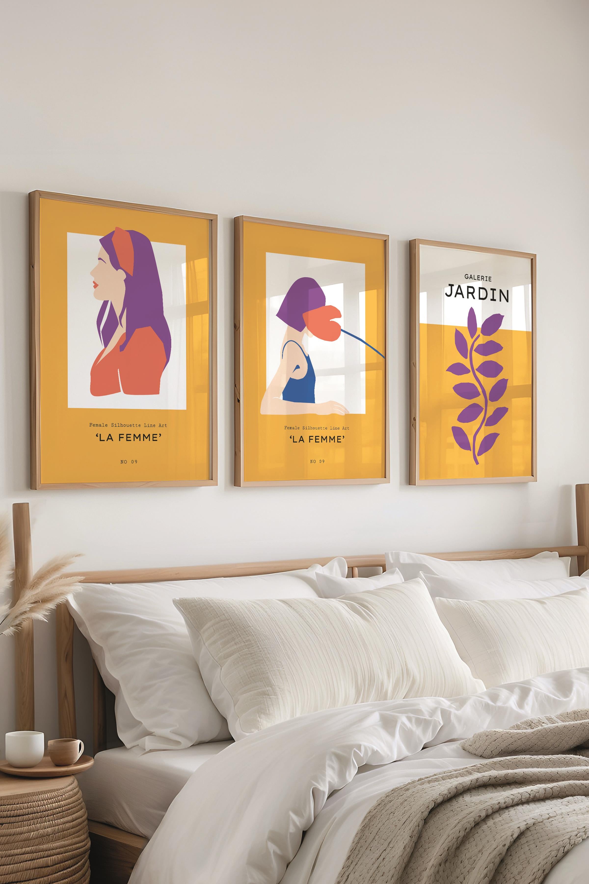 Çerçeveli Tablo Seti, 3 Adet Ahşap Çerçeve ve Sarı Minimalist Temalı Poster Seti, No:300462