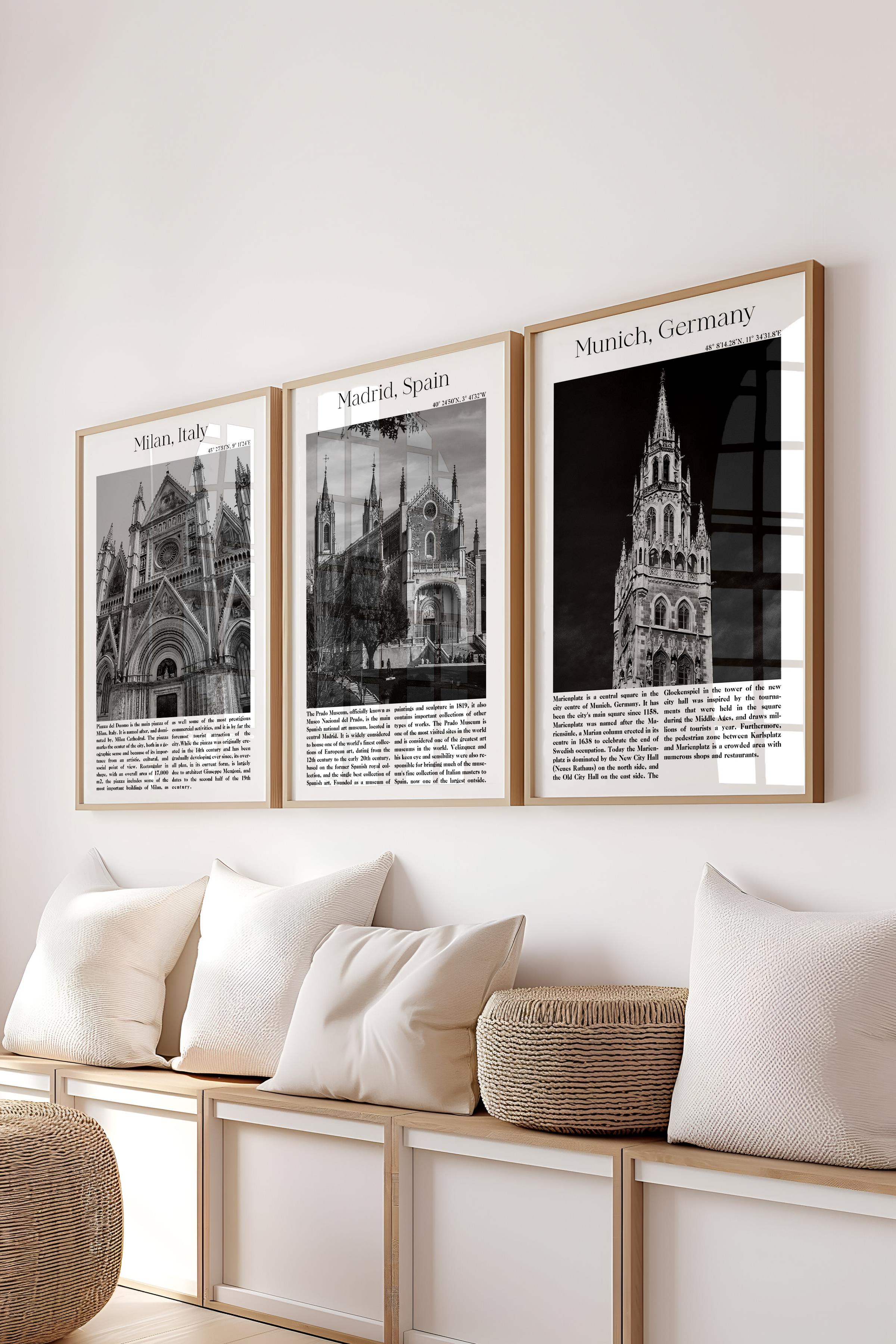 Çerçeveli Tablo Seti, 3 Adet Ahşap Çerçeve ve Şehir - Seyahat Temalı Poster Seti, No:300451