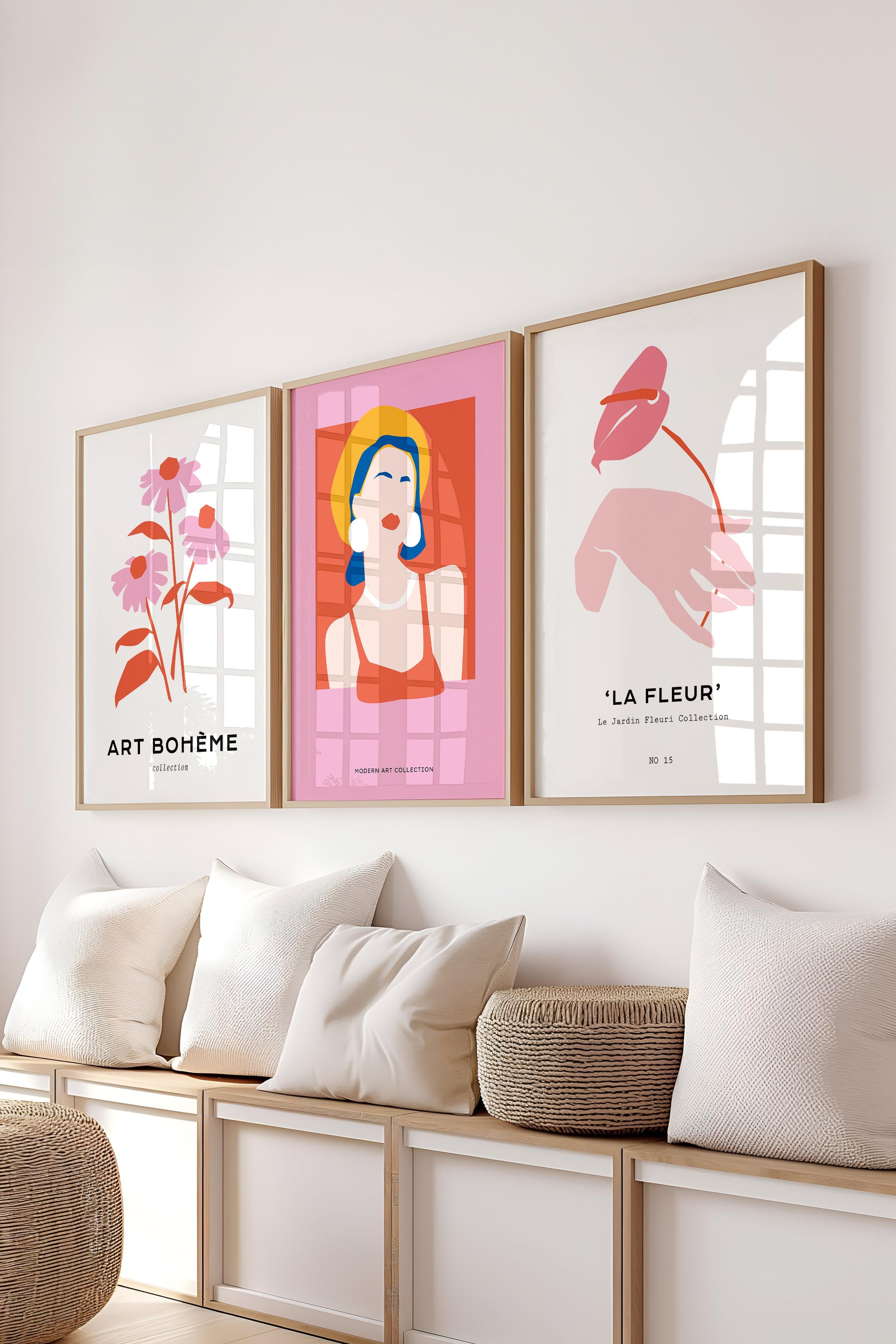 Çerçeveli Tablo Seti, 3 Adet Ahşap Çerçeve ve Soft Pembe Minimalist Temalı Poster Seti, No:300459