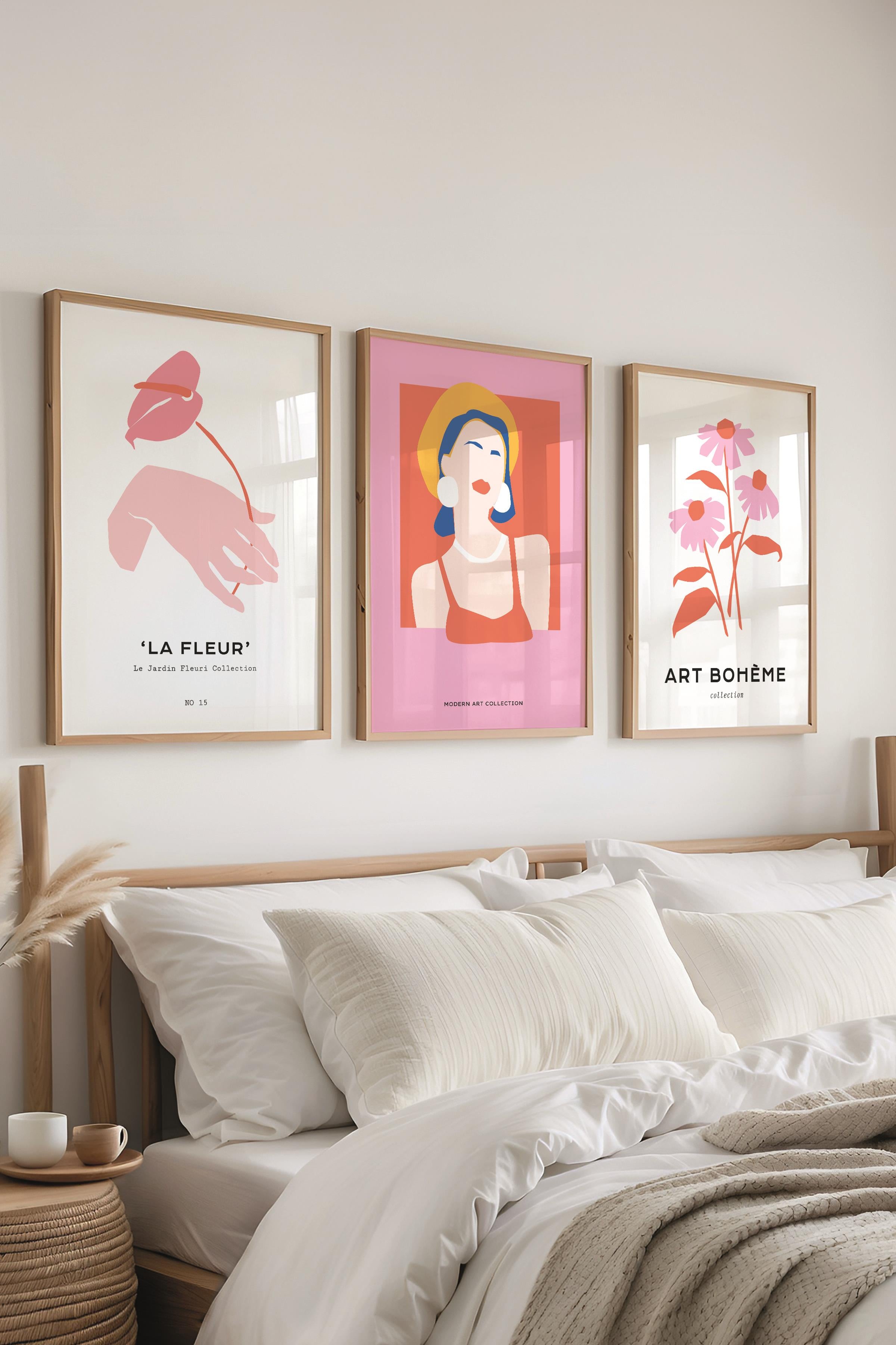 Çerçeveli Tablo Seti, 3 Adet Ahşap Çerçeve ve Soft Pembe Minimalist Temalı Poster Seti, No:300459