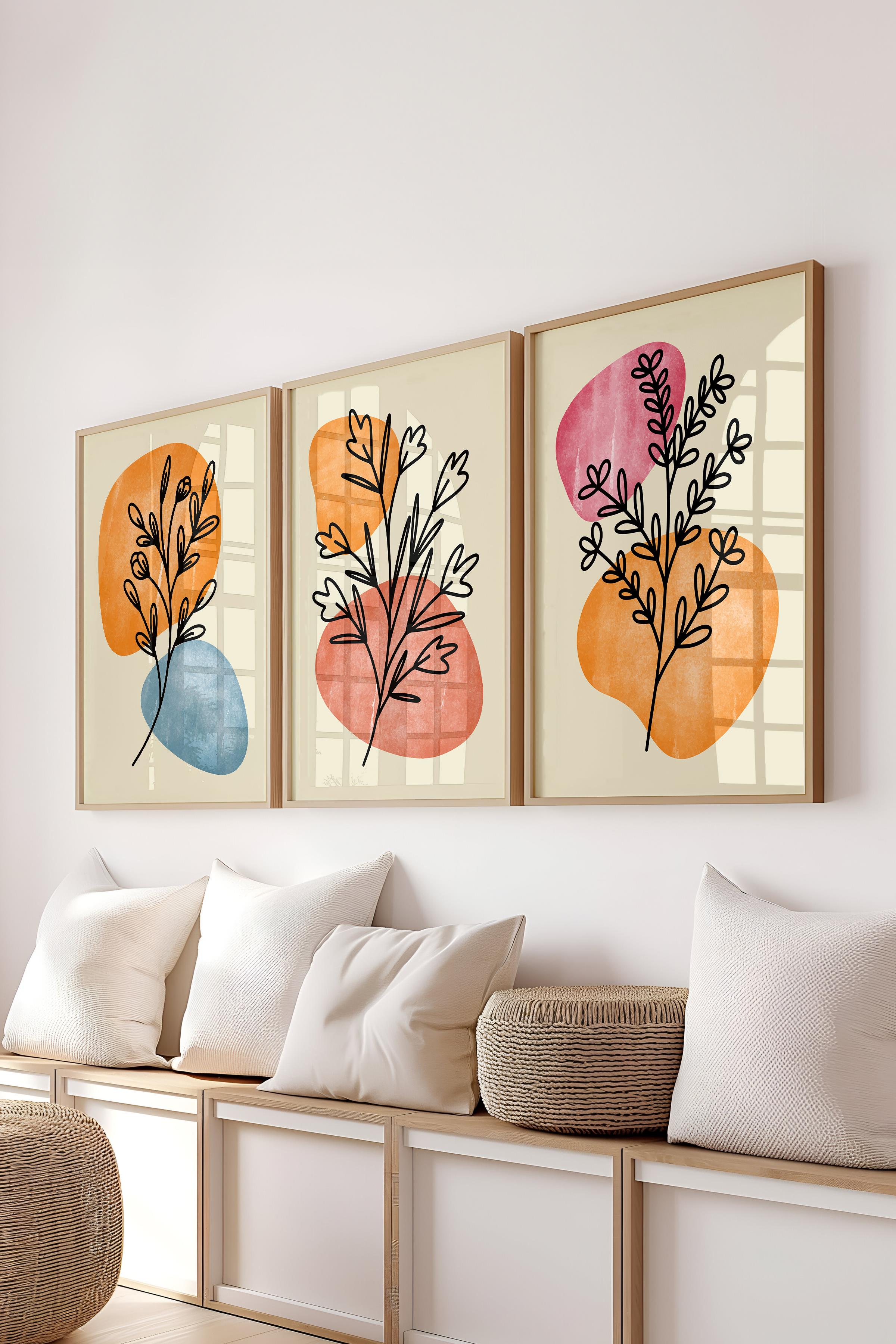 Çerçeveli Tablo Seti, 3 Adet Ahşap Çerçeve ve Soyut Botanik Temalı Poster Seti, No:300664