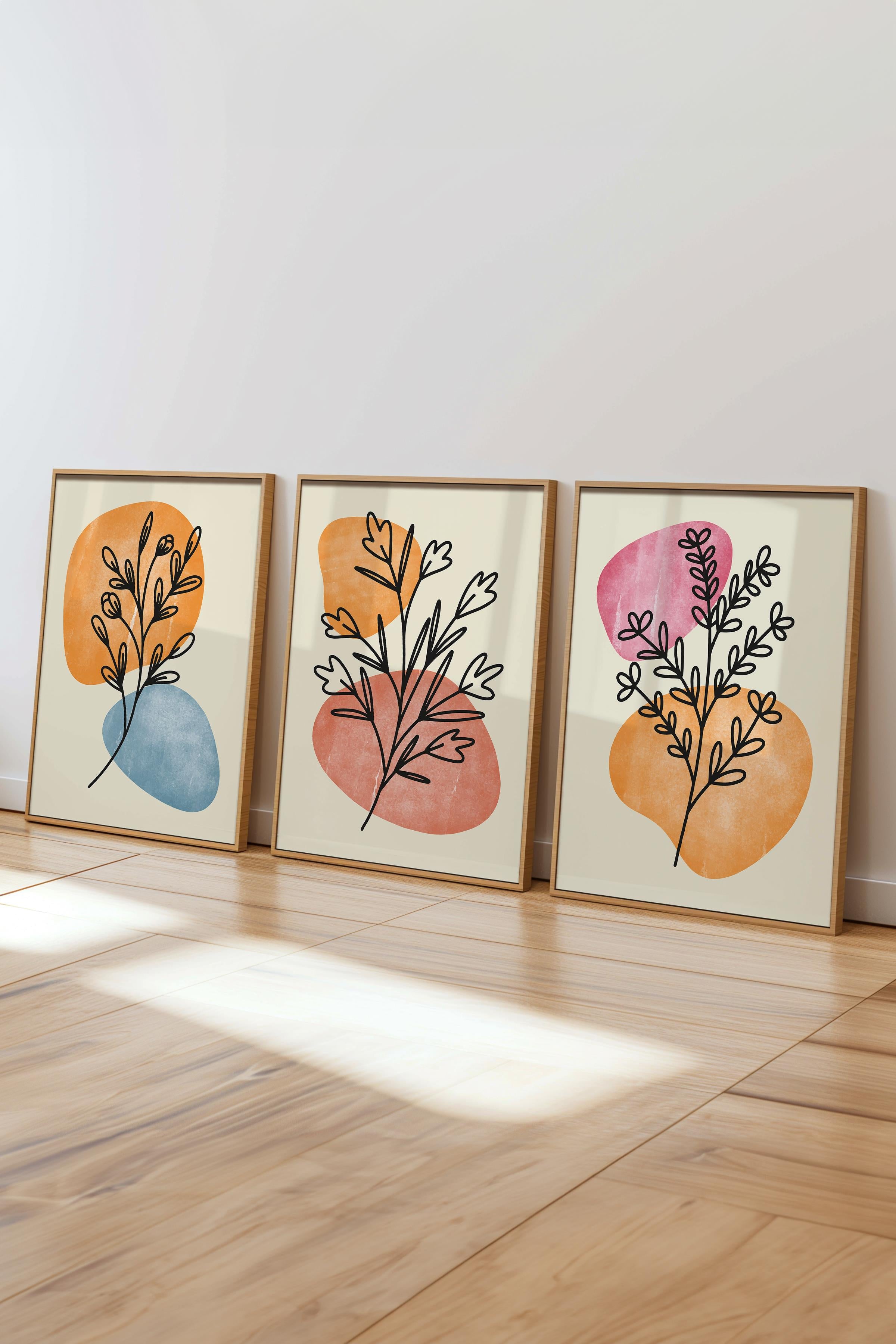 Çerçeveli Tablo Seti, 3 Adet Ahşap Çerçeve ve Soyut Botanik Temalı Poster Seti, No:300664