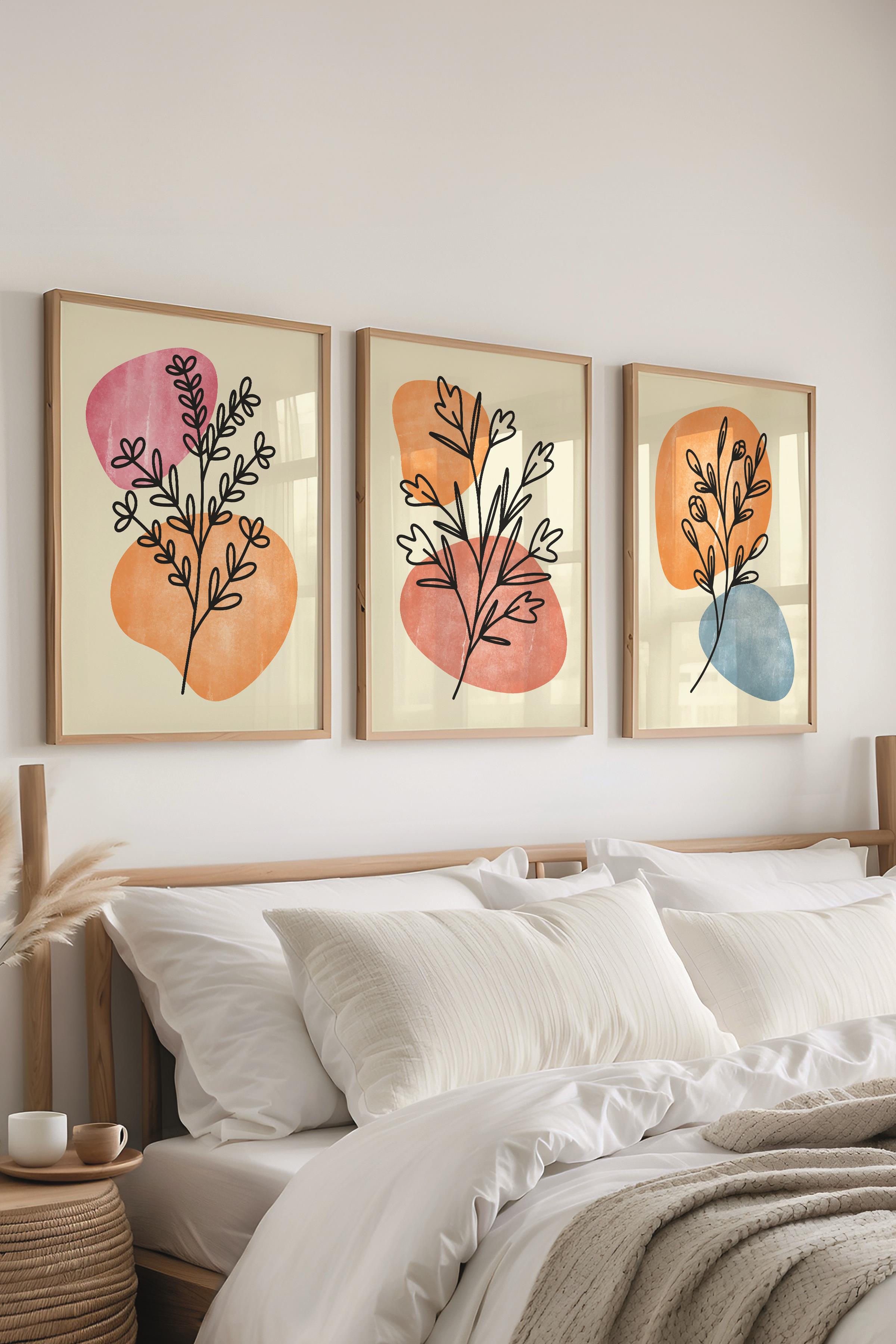 Çerçeveli Tablo Seti, 3 Adet Ahşap Çerçeve ve Soyut Botanik Temalı Poster Seti, No:300664
