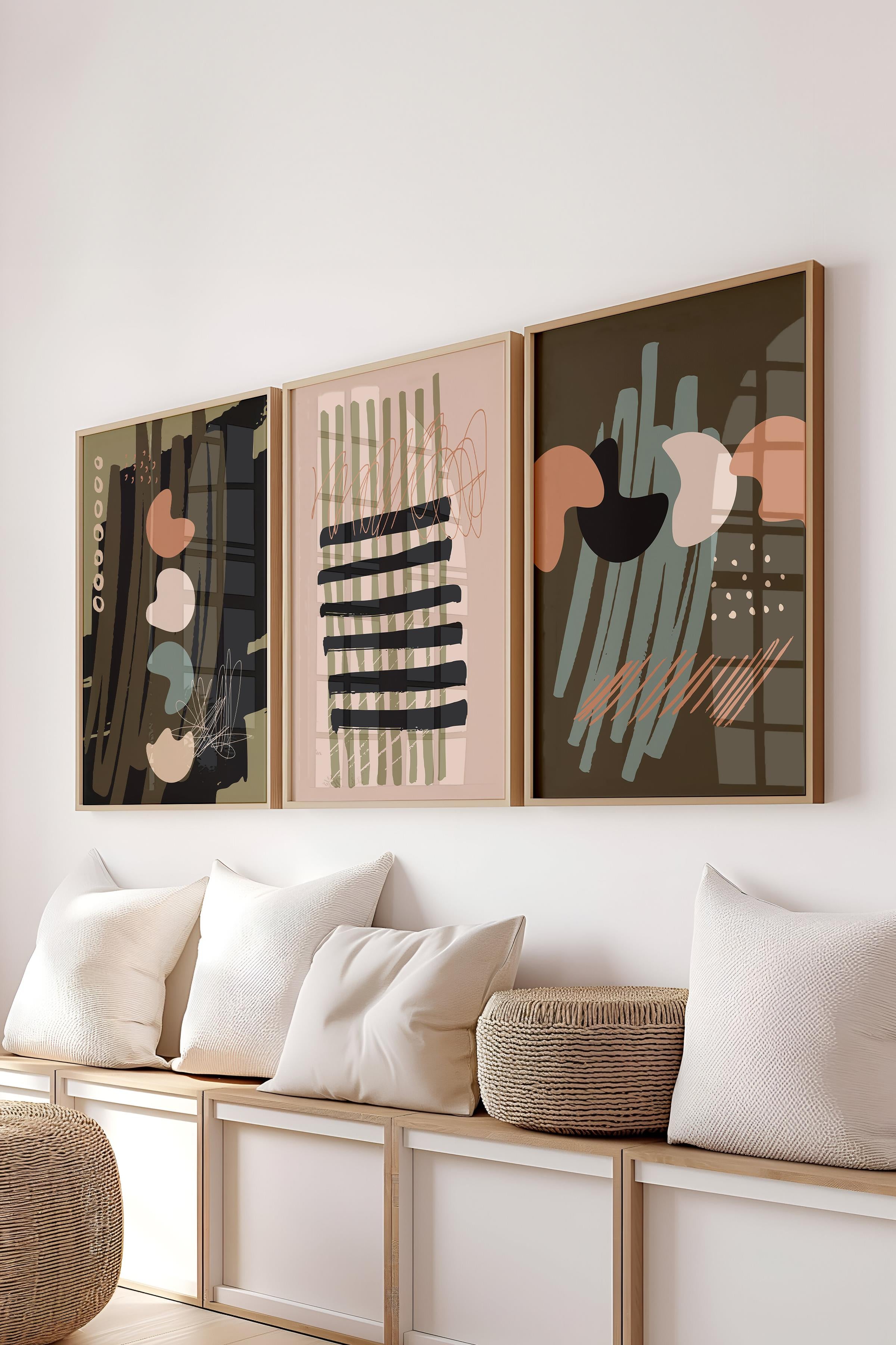 Çerçeveli Tablo Seti, 3 Adet Ahşap Çerçeve ve Soyut Botanik Temalı Poster Seti, No:300665