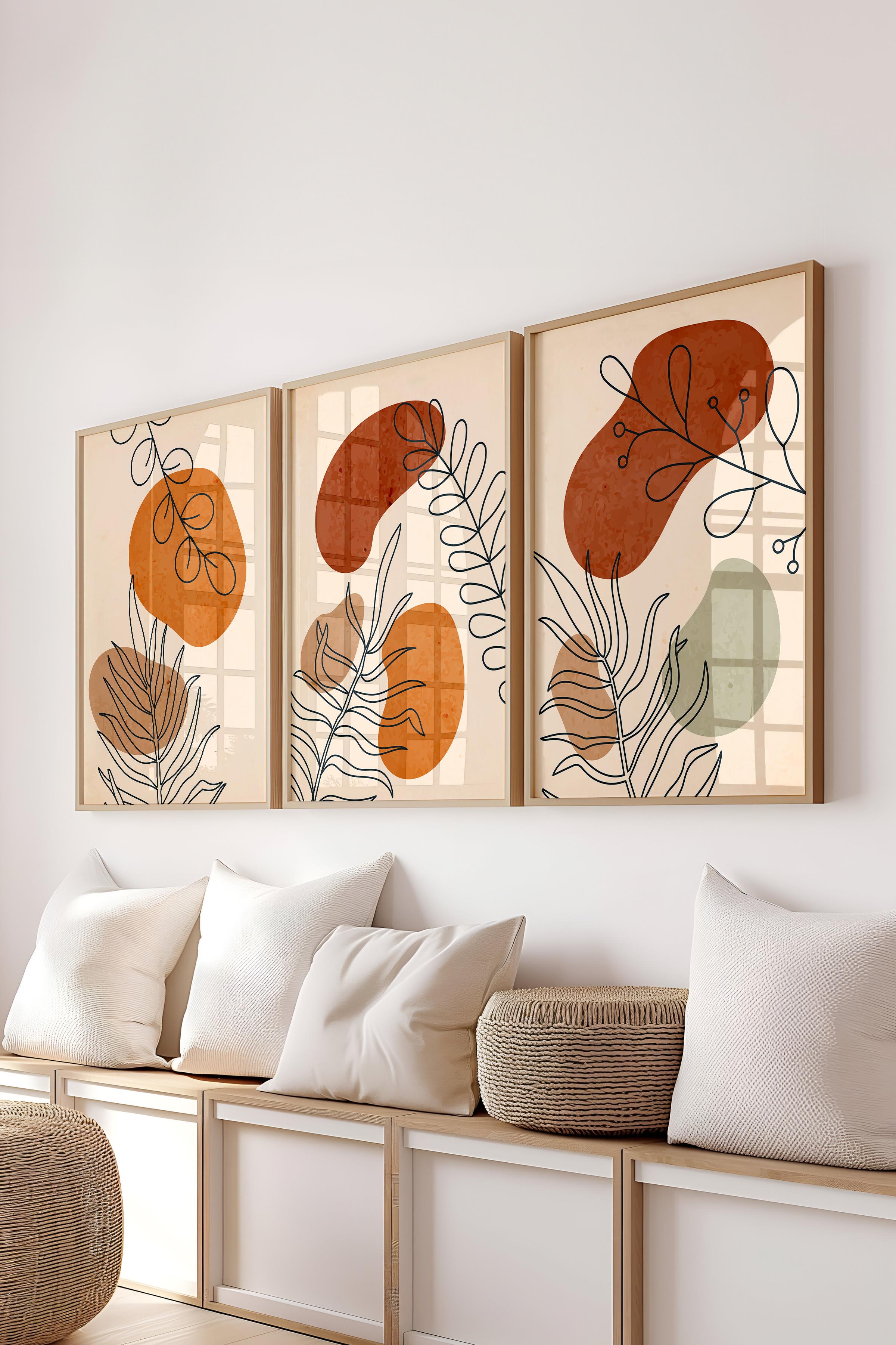 Çerçeveli Tablo Seti, 3 Adet Ahşap Çerçeve ve Soyut Botanik Temalı Poster Seti, No:300666