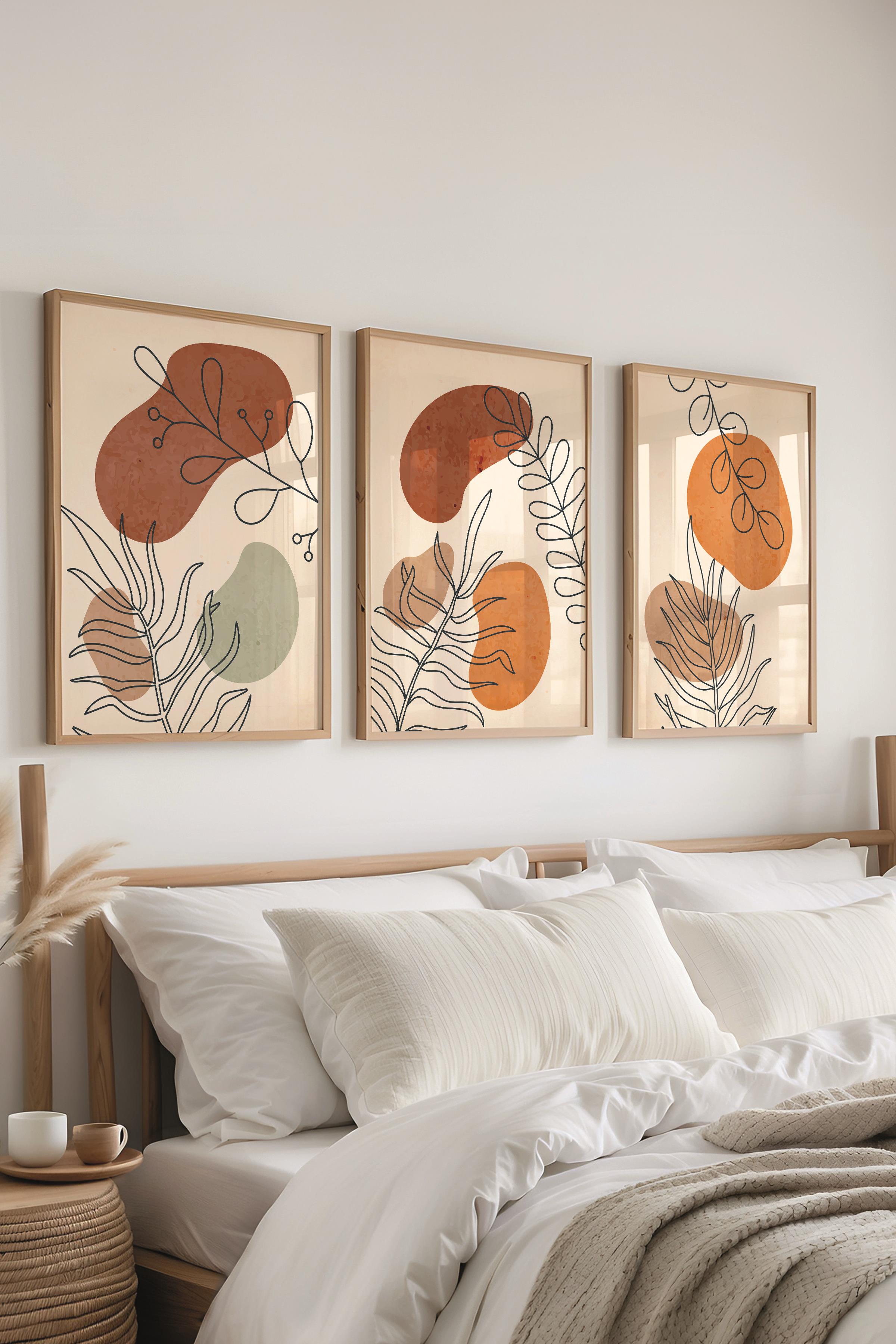 Çerçeveli Tablo Seti, 3 Adet Ahşap Çerçeve ve Soyut Botanik Temalı Poster Seti, No:300666