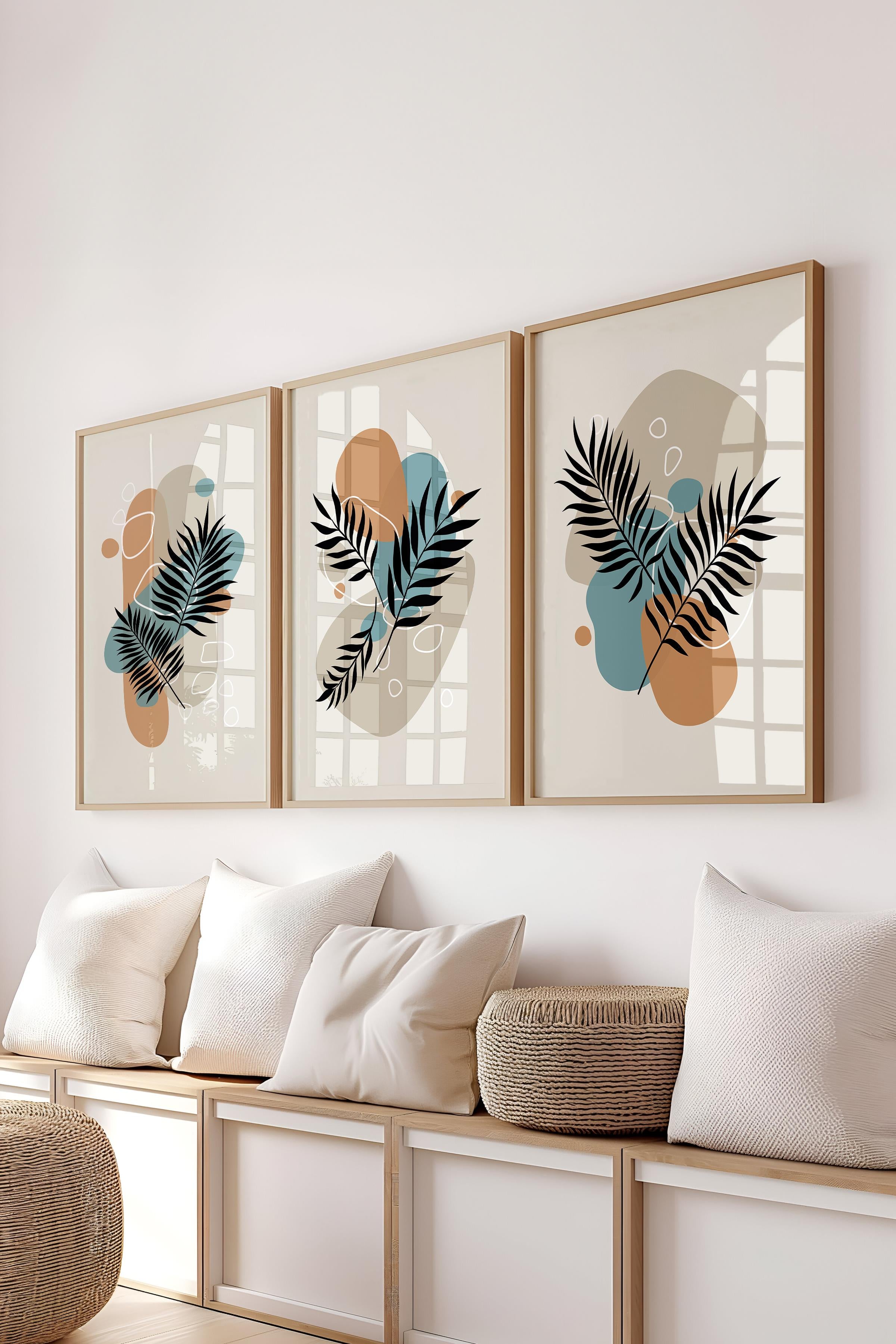 Çerçeveli Tablo Seti, 3 Adet Ahşap Çerçeve ve Soyut Botanik Temalı Poster Seti, No:300668