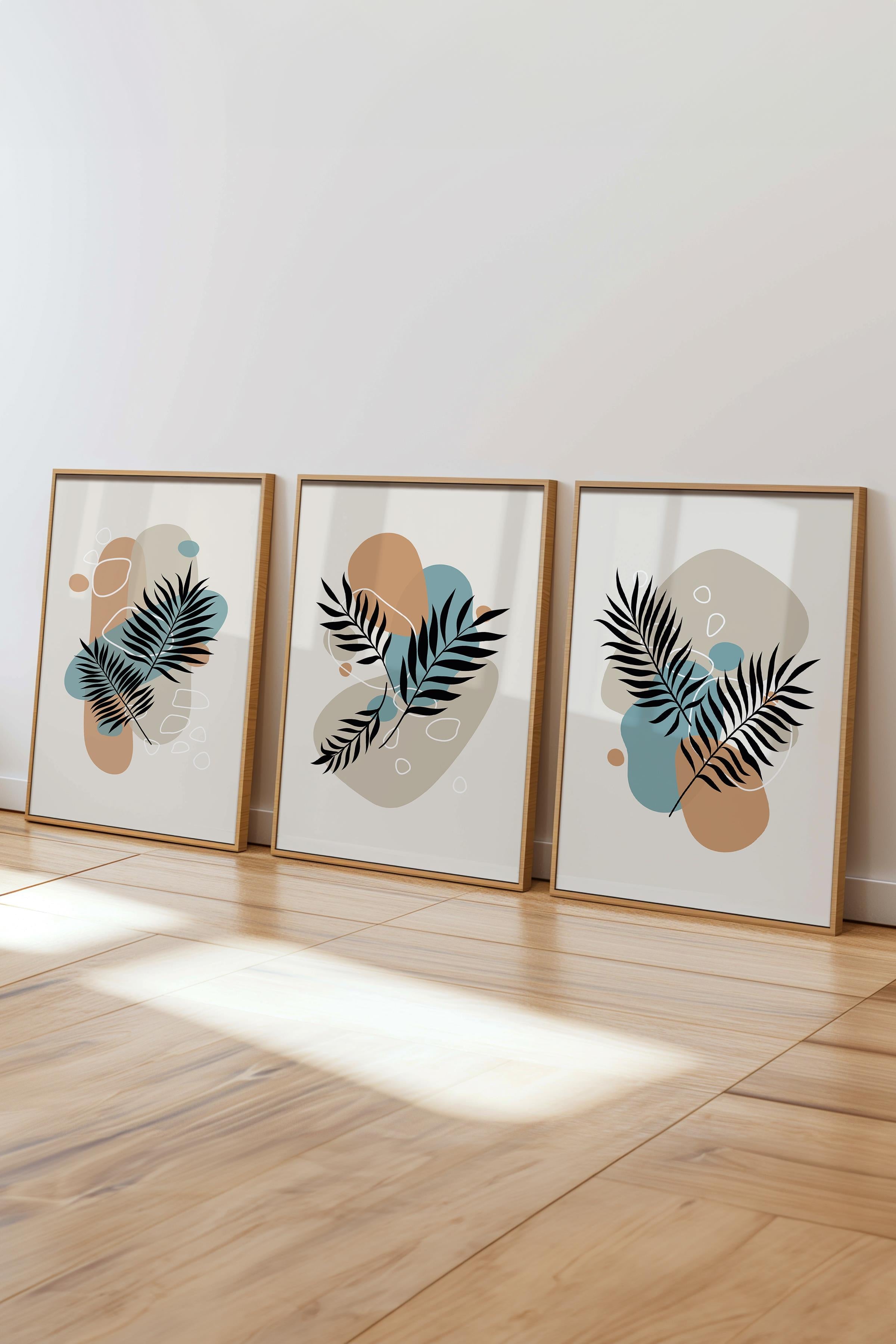 Çerçeveli Tablo Seti, 3 Adet Ahşap Çerçeve ve Soyut Botanik Temalı Poster Seti, No:300668