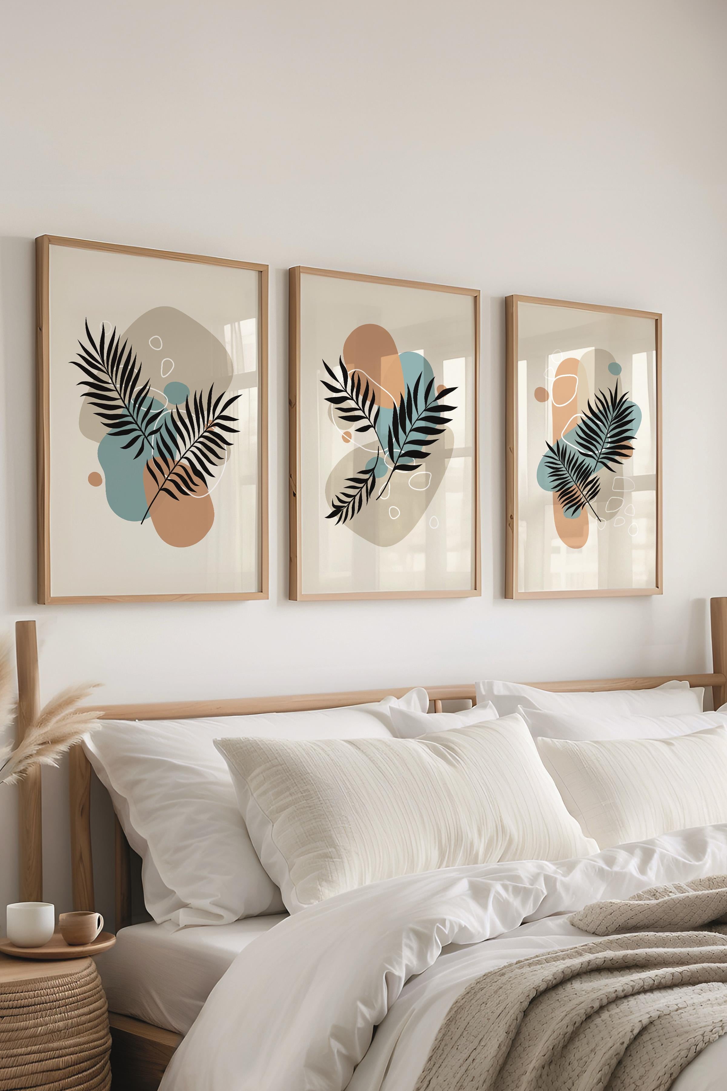 Çerçeveli Tablo Seti, 3 Adet Ahşap Çerçeve ve Soyut Botanik Temalı Poster Seti, No:300668