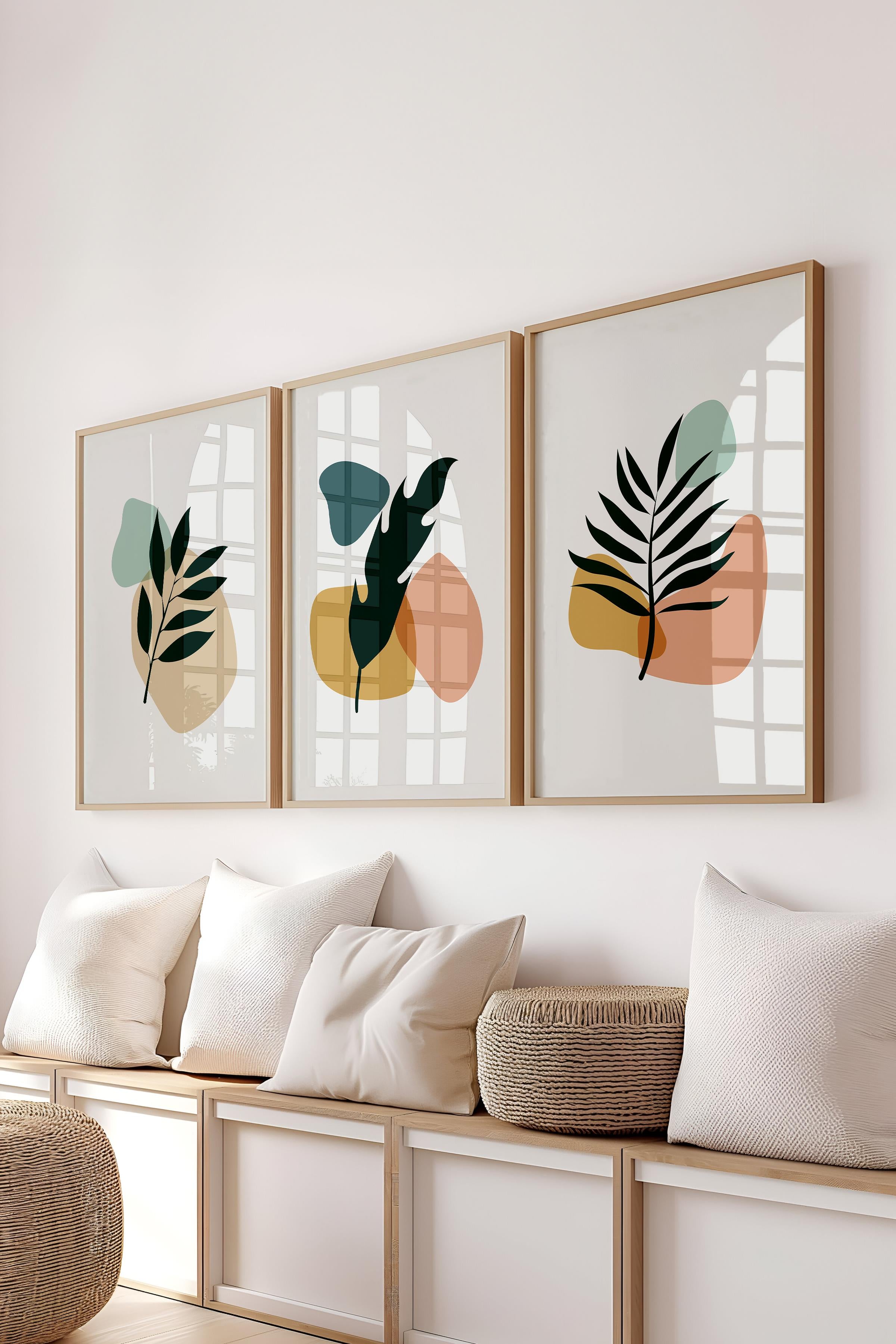 Çerçeveli Tablo Seti, 3 Adet Ahşap Çerçeve ve Soyut Botanik Temalı Poster Seti, No:300669