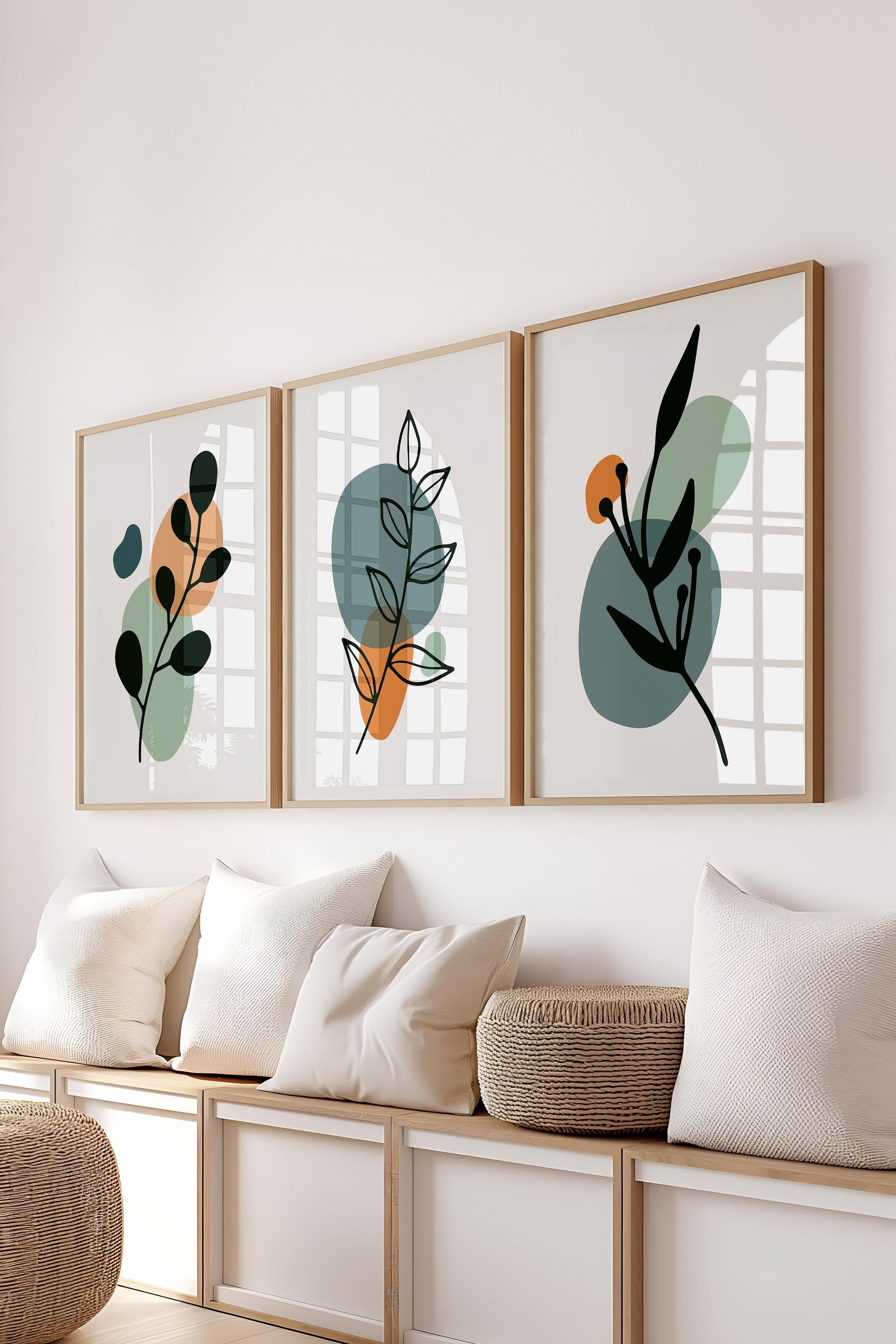 Çerçeveli Tablo Seti, 3 Adet Ahşap Çerçeve ve Soyut Botanik Temalı Poster Seti, No:300678
