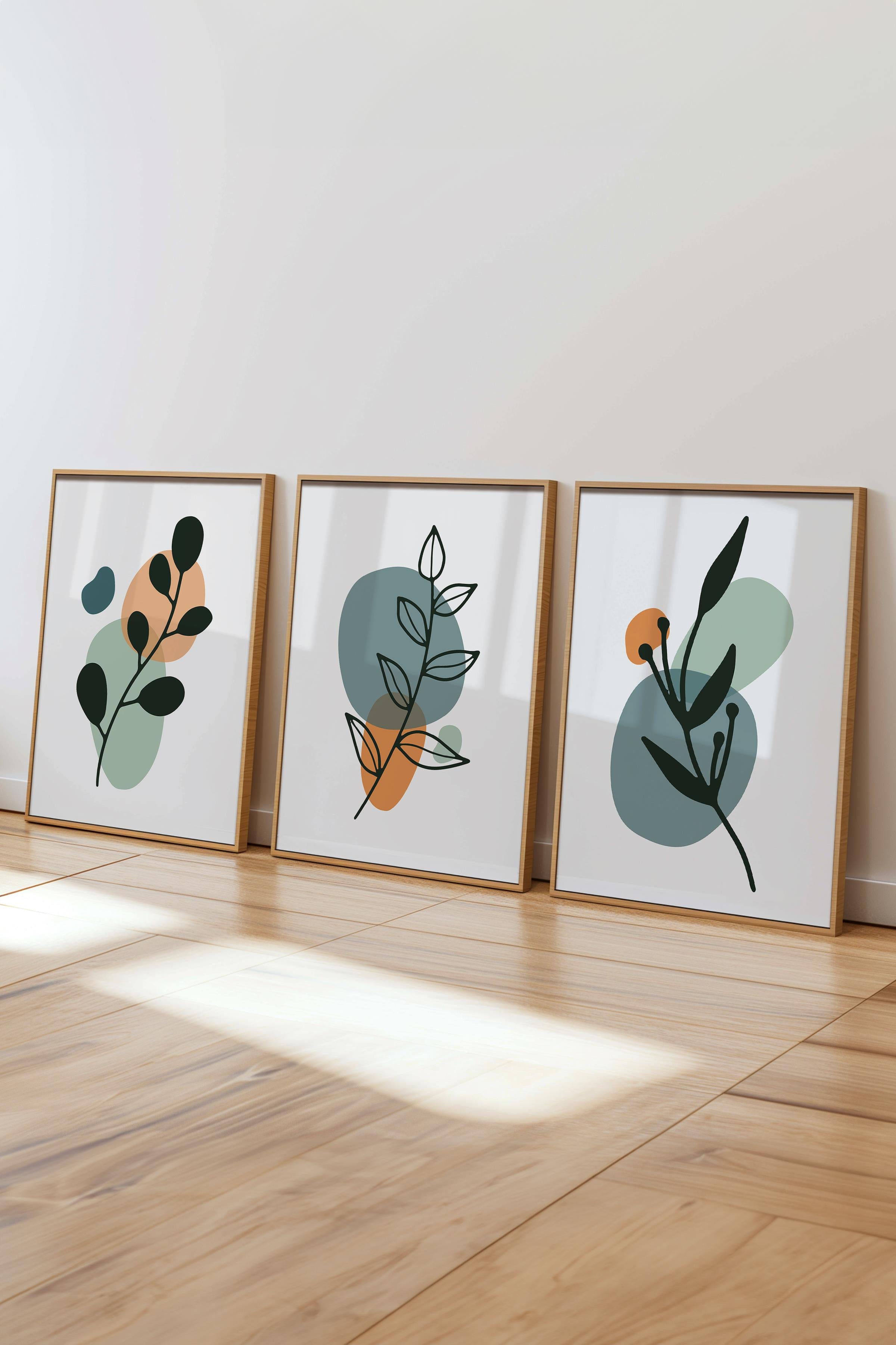 Çerçeveli Tablo Seti, 3 Adet Ahşap Çerçeve ve Soyut Botanik Temalı Poster Seti, No:300678