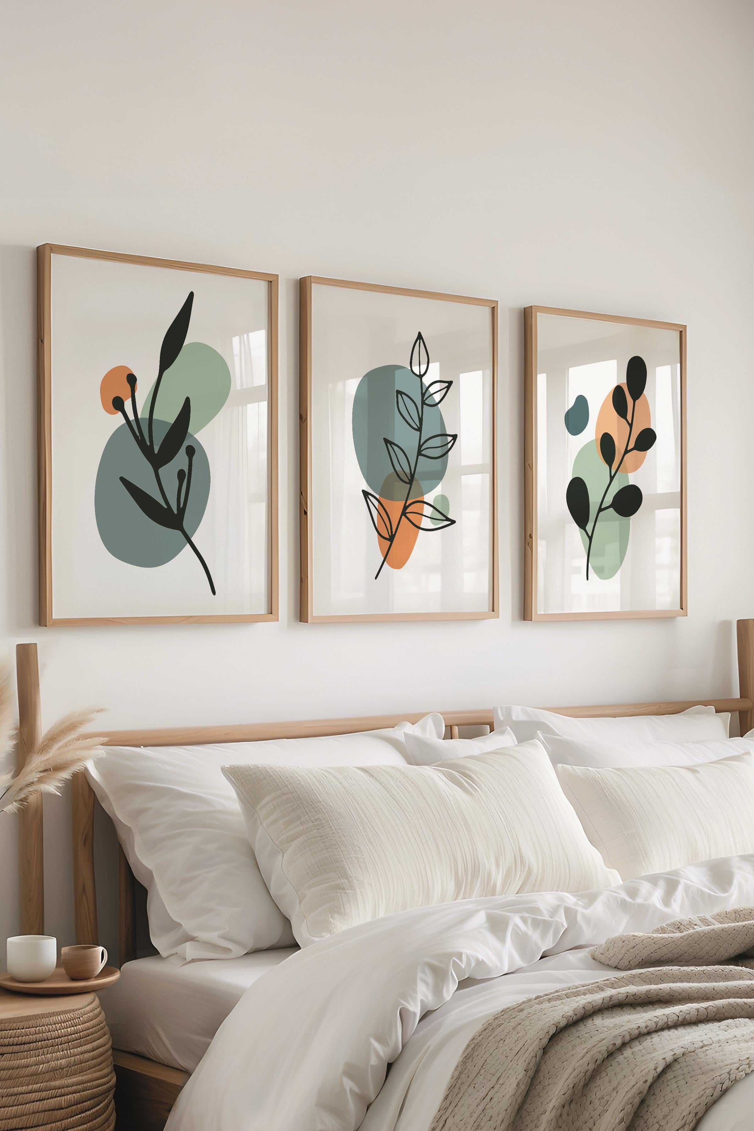 Çerçeveli Tablo Seti, 3 Adet Ahşap Çerçeve ve Soyut Botanik Temalı Poster Seti, No:300678