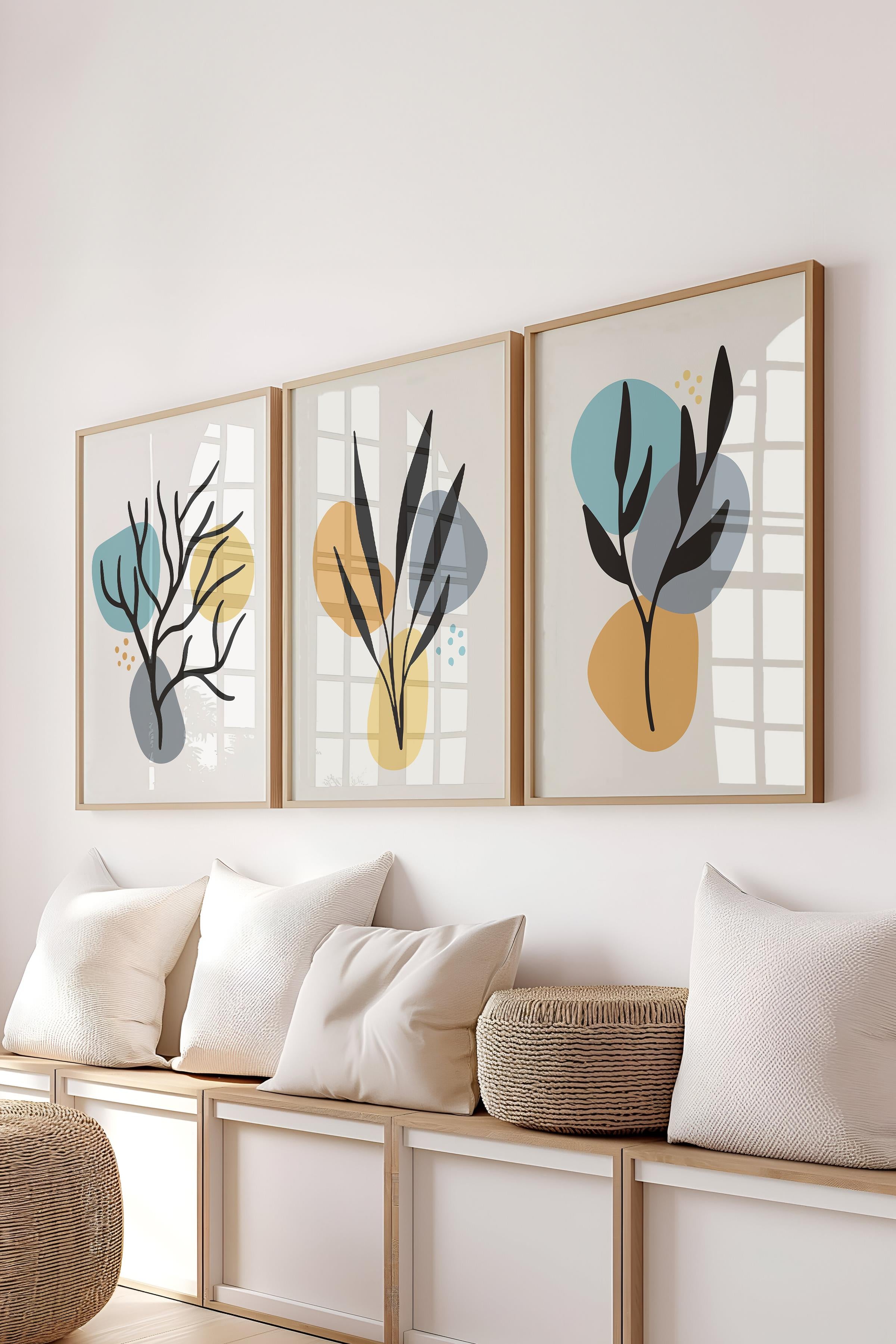Çerçeveli Tablo Seti, 3 Adet Ahşap Çerçeve ve Soyut Botanik Temalı Poster Seti, No:300679