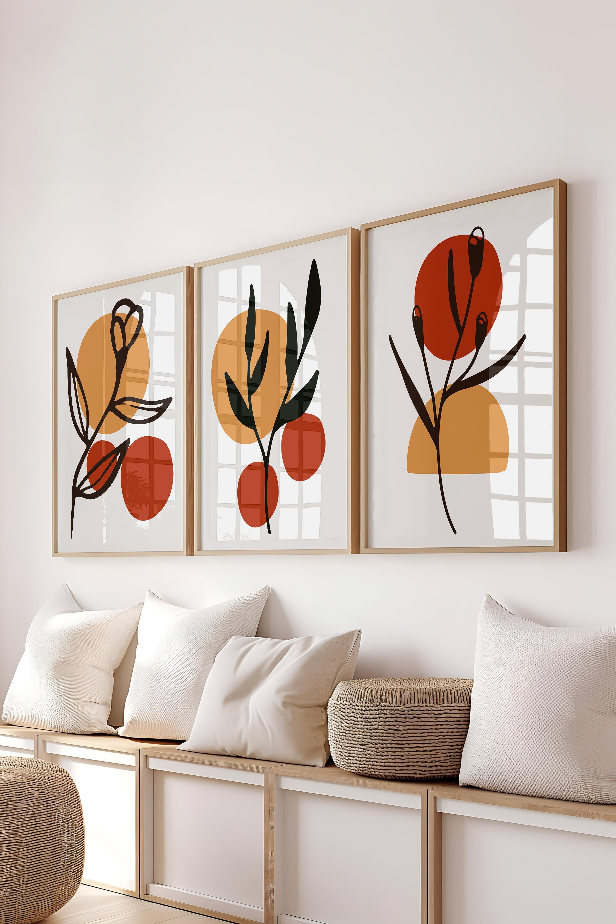Çerçeveli Tablo Seti, 3 Adet Ahşap Çerçeve ve Soyut Botanik Temalı Poster Seti, No:300680