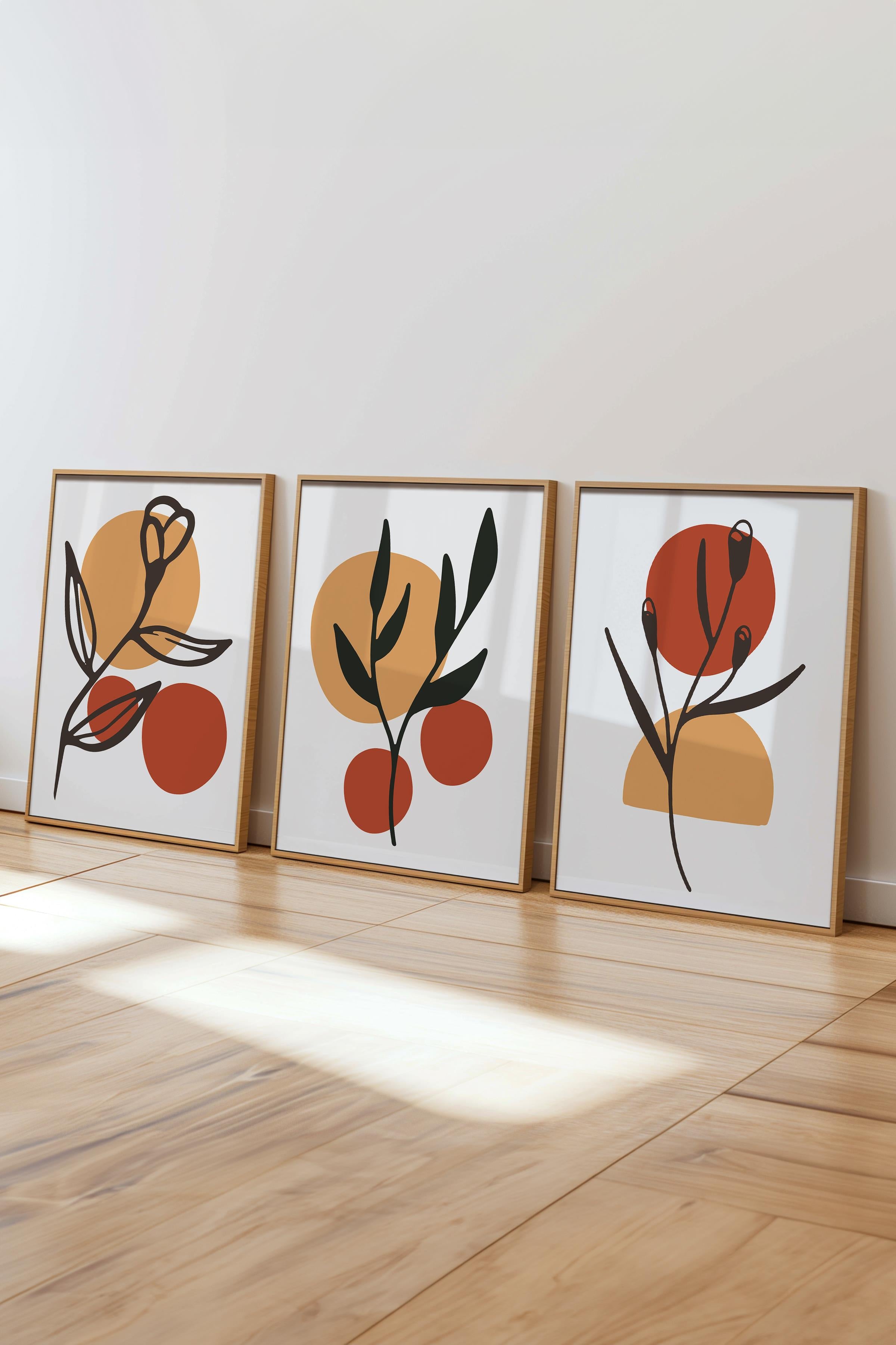 Çerçeveli Tablo Seti, 3 Adet Ahşap Çerçeve ve Soyut Botanik Temalı Poster Seti, No:300680