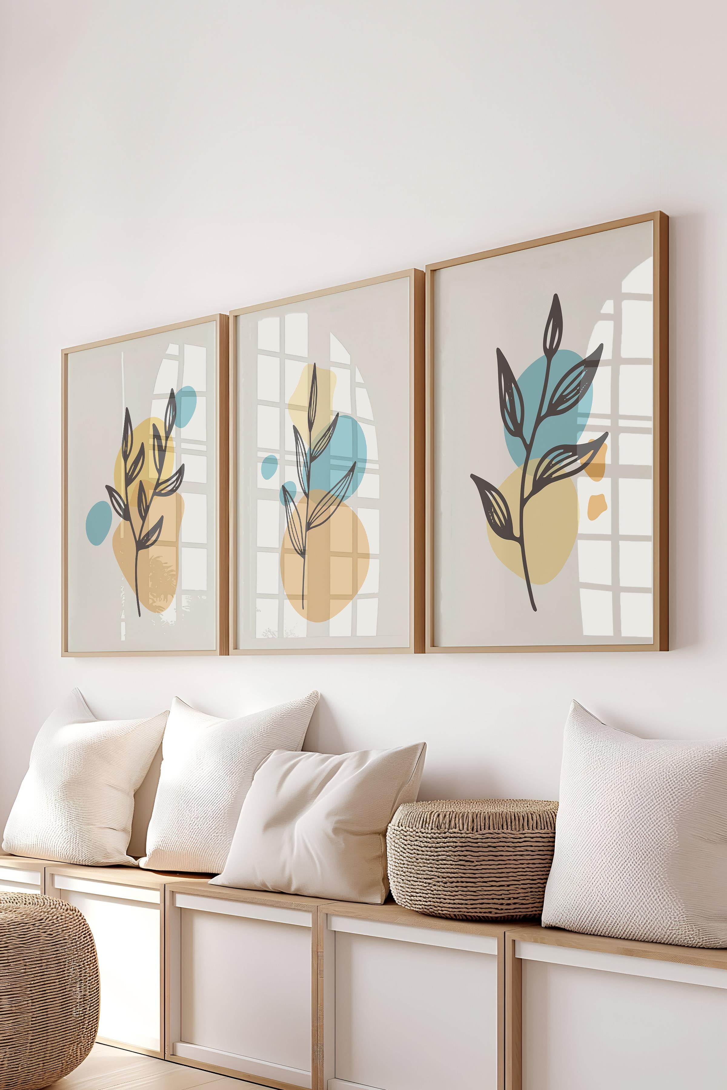 Çerçeveli Tablo Seti, 3 Adet Ahşap Çerçeve ve Soyut Botanik Temalı Poster Seti, No:300681